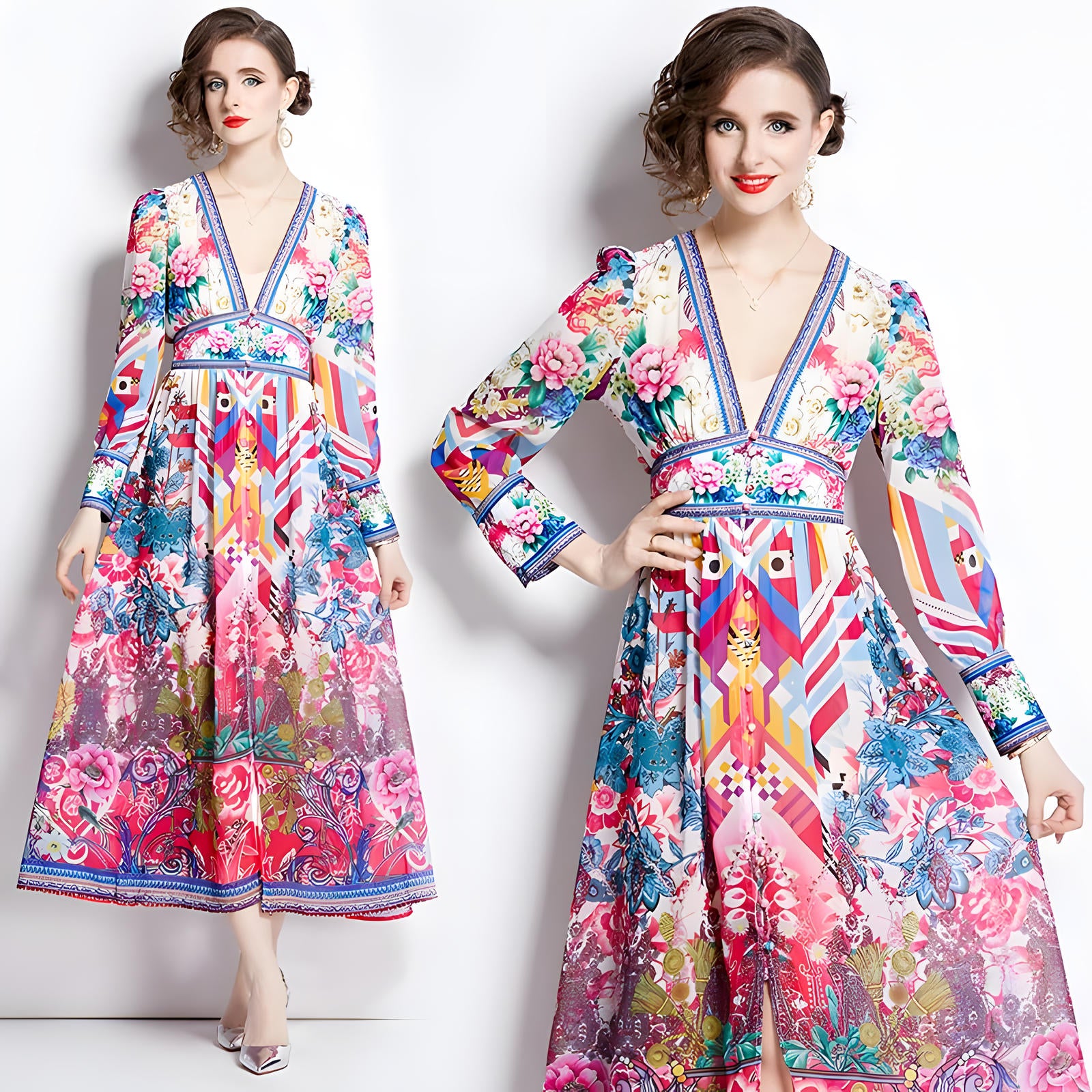 Printed Chiffon Plunging V - Neckline Elasticated Waist Front Split Long Dress - NRJ-720#2495