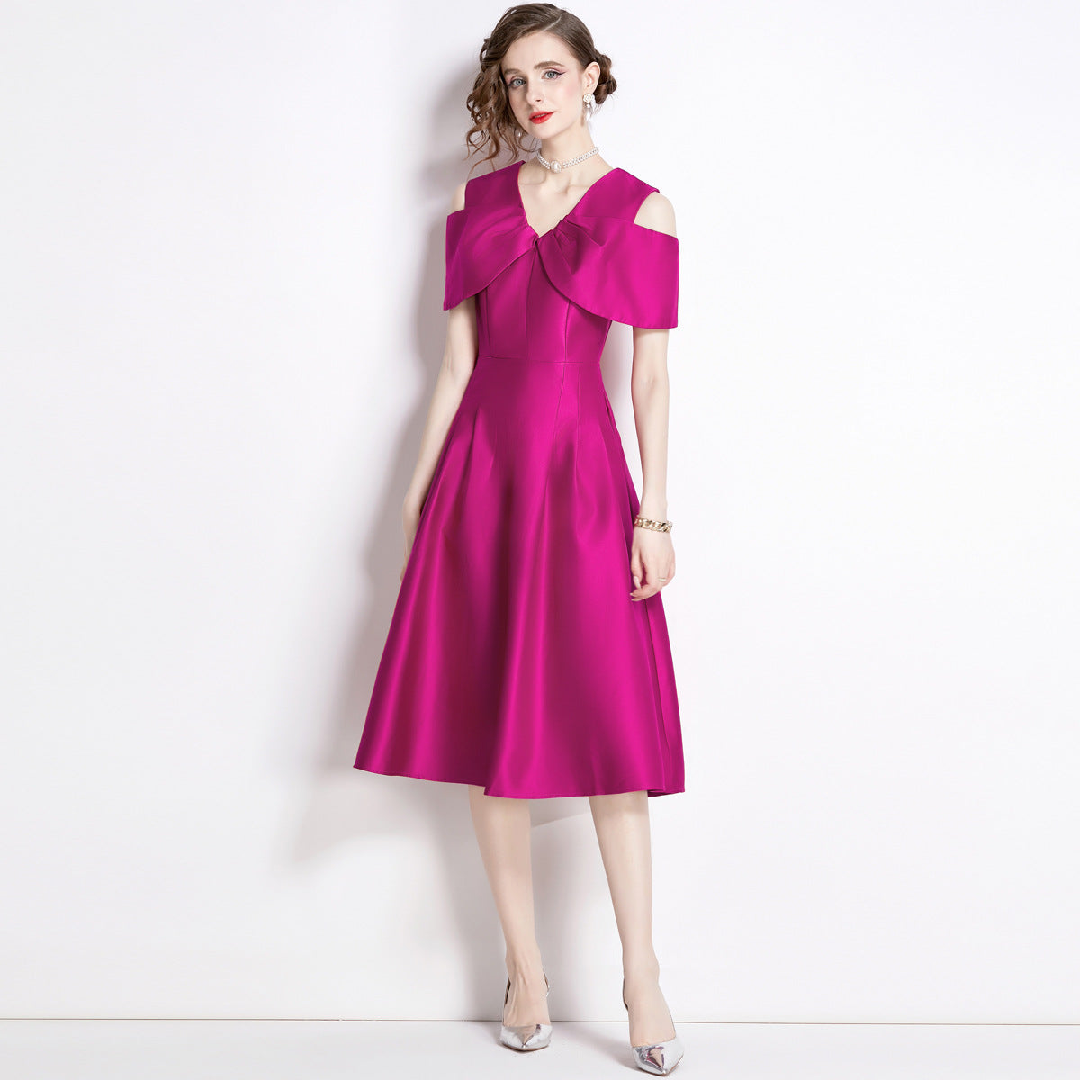 Off Shoulder V - Neck Fitted Vest Tucked Pleats Skirt Hot Pink Solid Satin Dress - NRJ-701A#1645_2