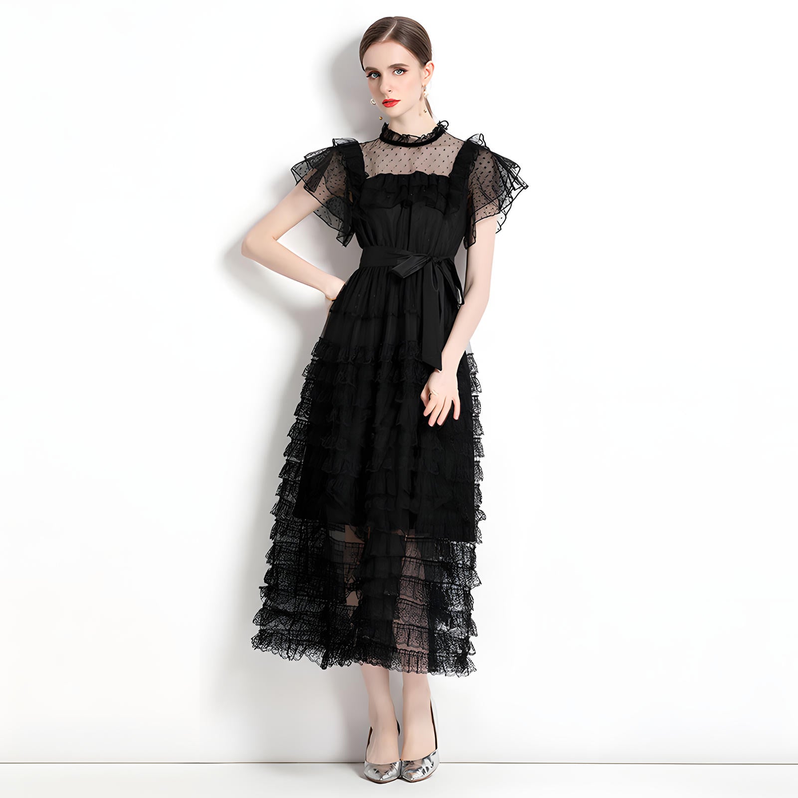 High Neck Polka Dot Mesh Multitier Skirt Elasticated Waist Butterfly Sleeve Black Dress With Satin Belt - 716644450507_BAS