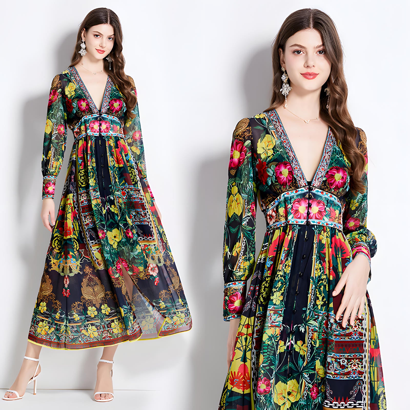 Printed Chiffon Plunging V - Neckline Elasticated Waist Front Split Long Dress - NRJ-720#2496