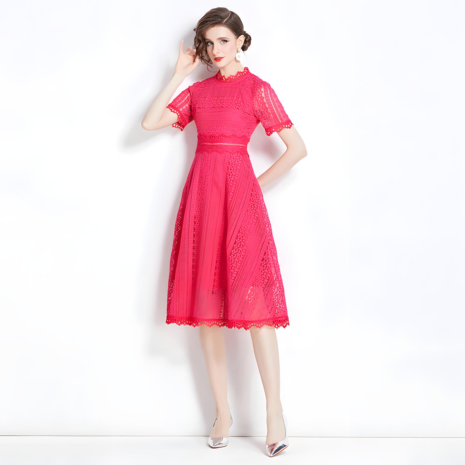 Luxury French Lace Jewel Neck Rose Red Dress - 533#609_ROS