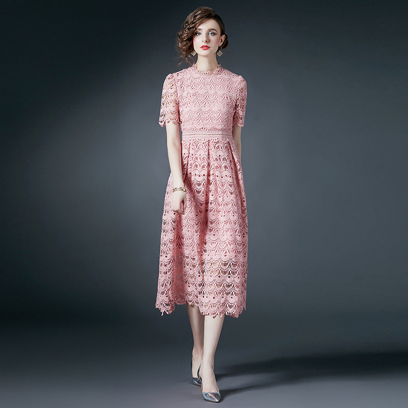 French Crocheted Lace Round Neck A - Line Pink Dress - 780758588212