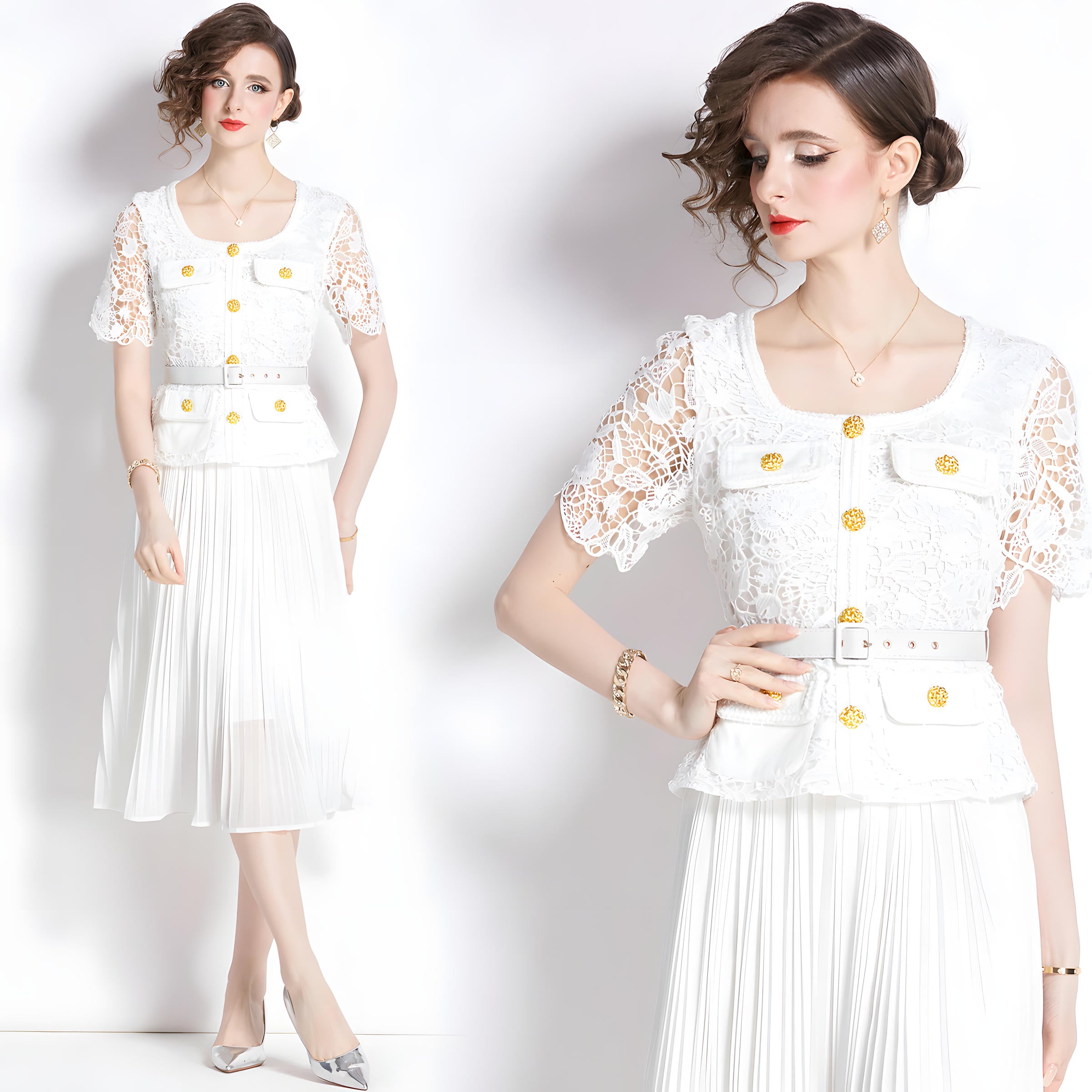 French Lace Jacket Top Pleated Skirt White Dress With Belt - 782041769039_BAS
