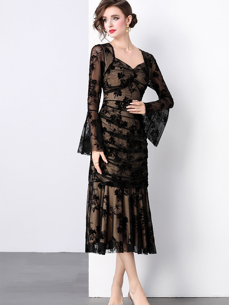 Fishtail Body-fit Ruched Full Sleeve Khaki Dress - 847852554211_BLACK