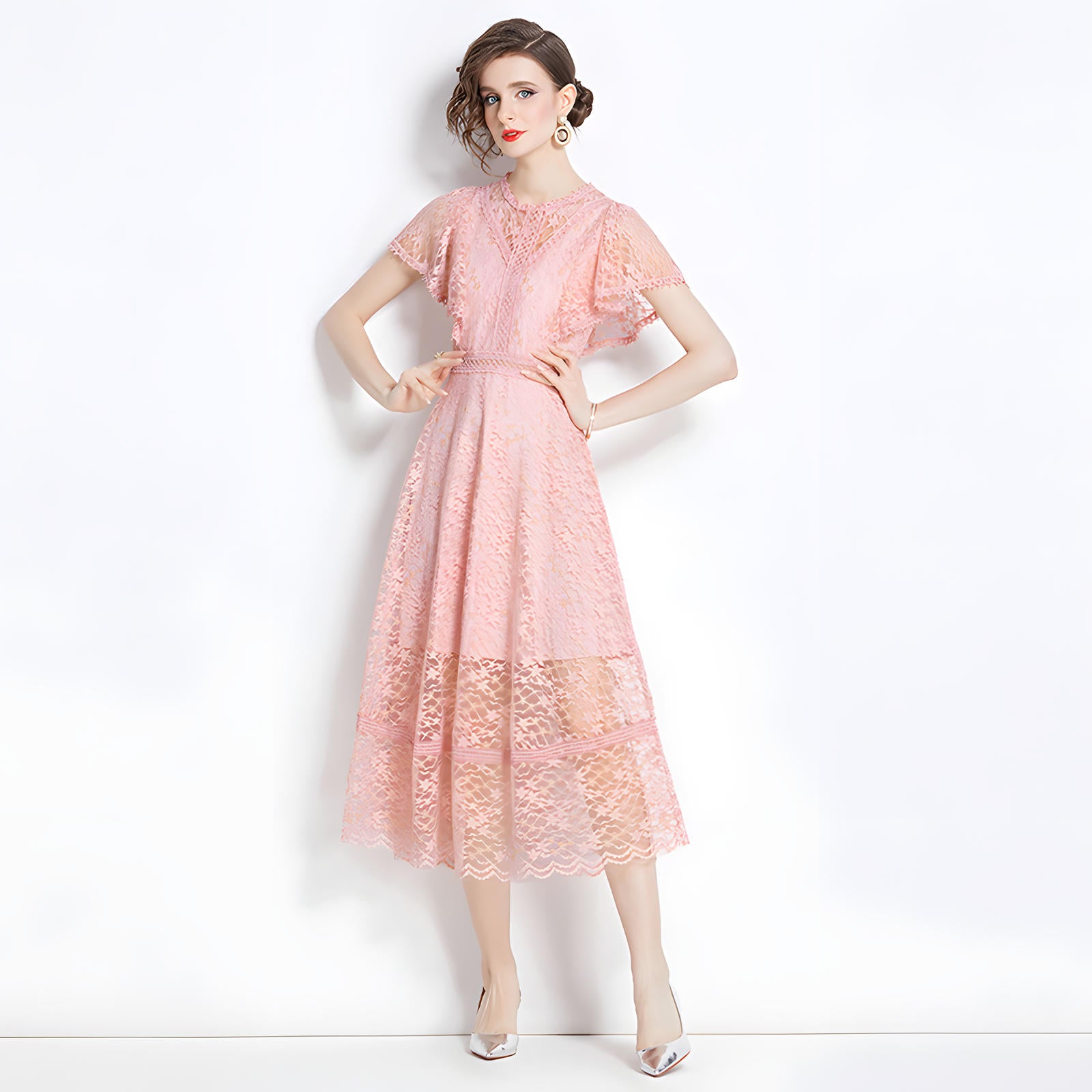 Luxury French Lace Round Neck Butterfly Sleeve Pink Dress - 787276650812