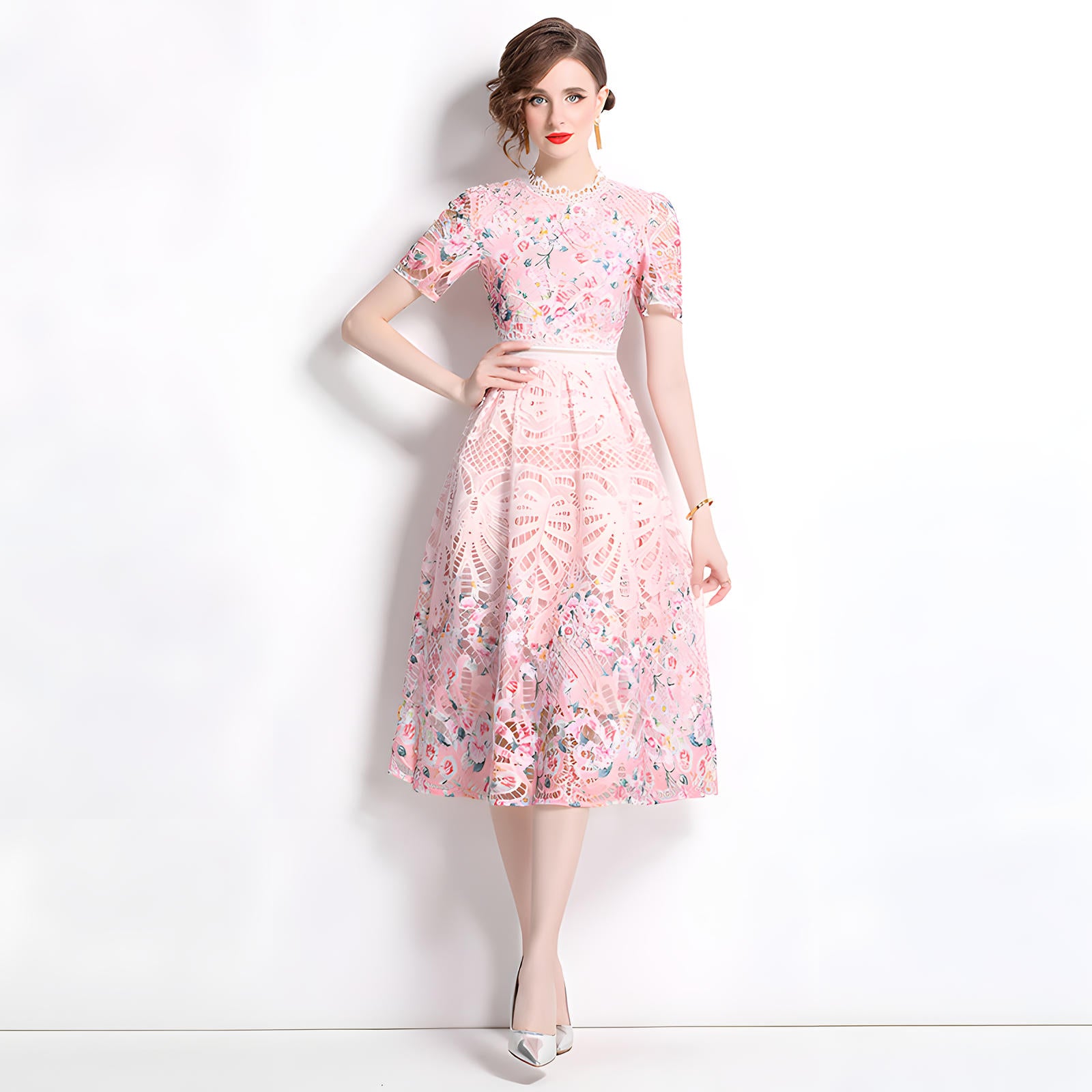 Printed Flower French Lace Jewel Neckline Dress - 802268282091_BAS