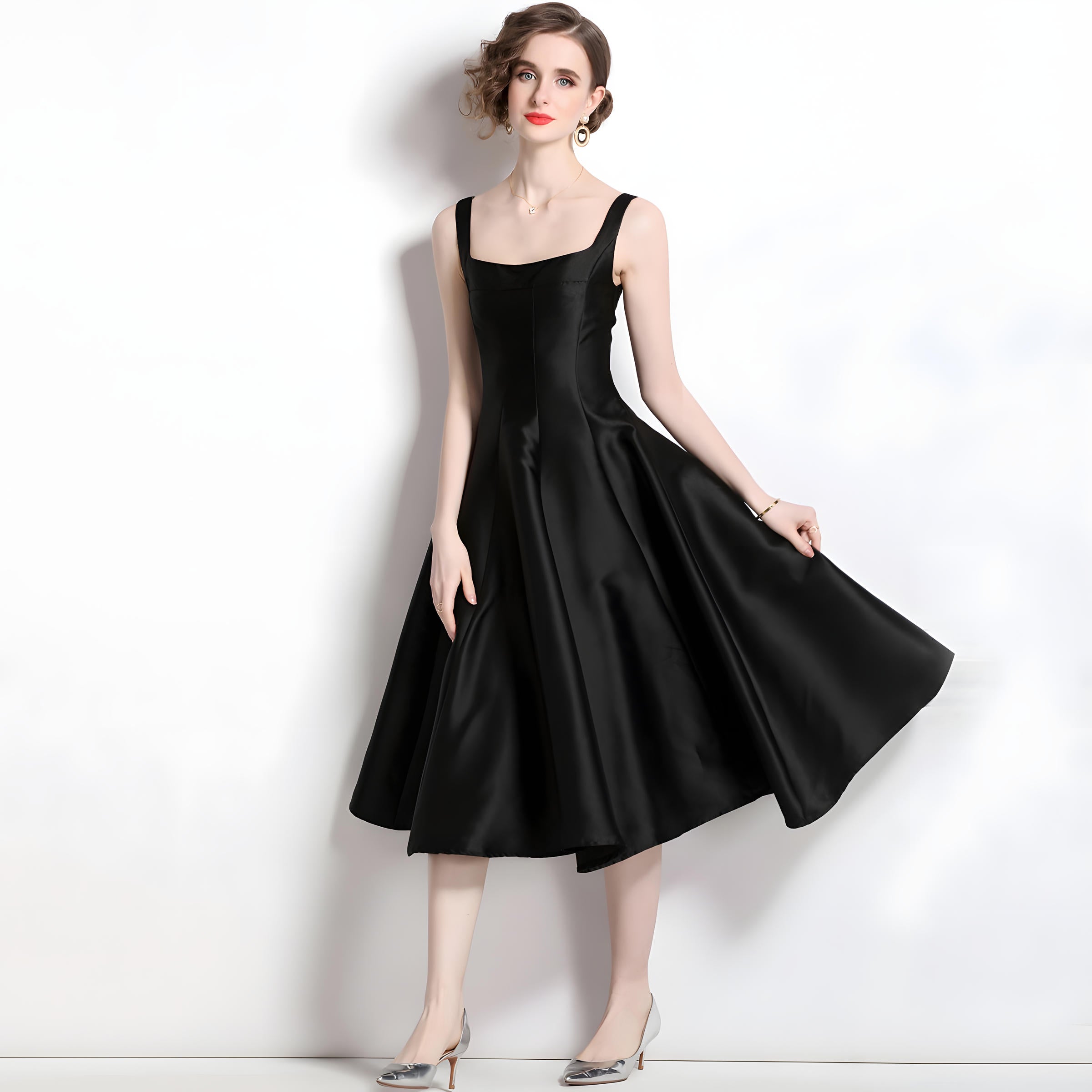 Retro Style Hepburn Skirt Fitted Vest Suspender Black Satin Dress - 709216290151_BAS (EOSS)