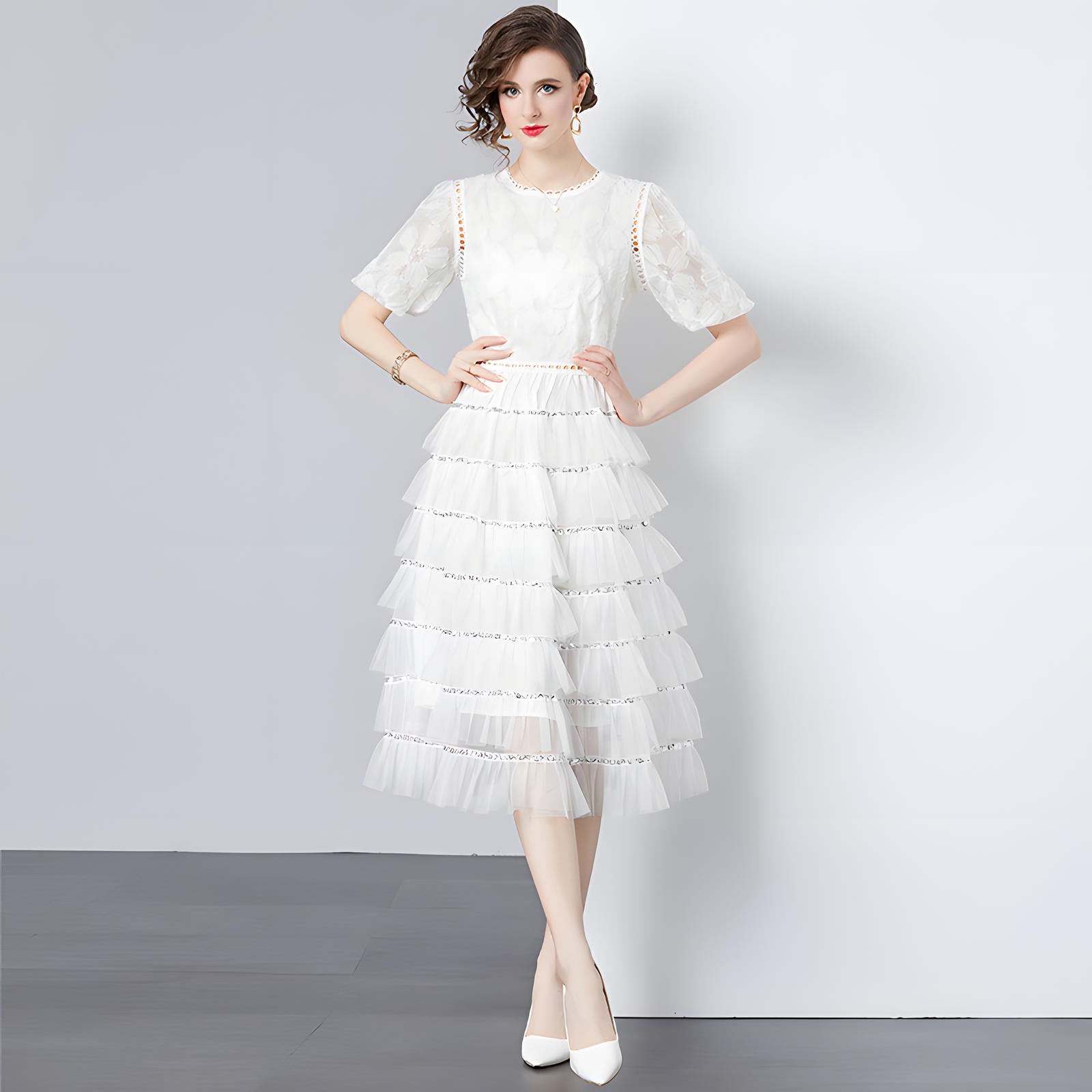 Multilayer Sequinned Mesh Skirt Flower Embroidered Vest Dress - 787365833312_WHI