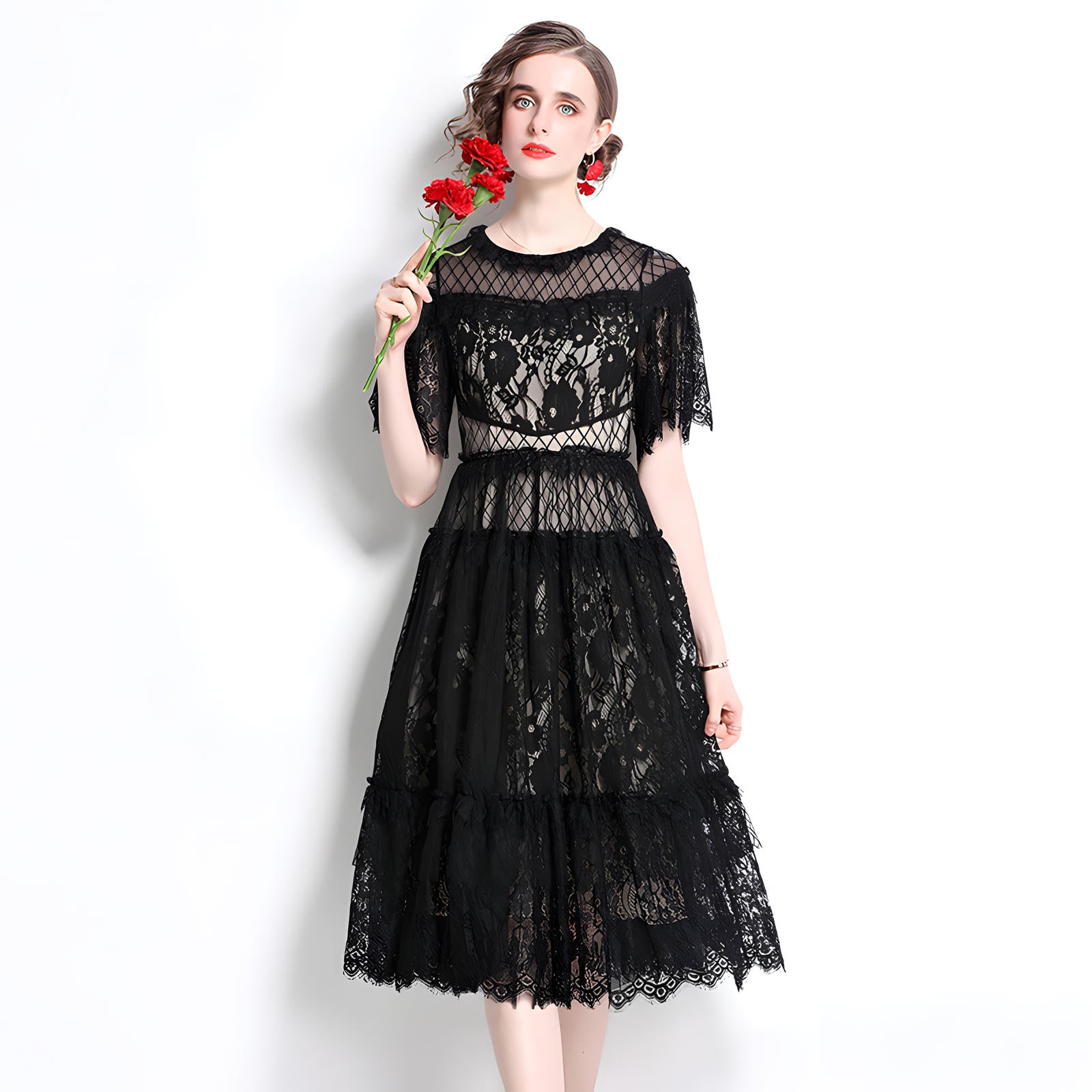 Luxury French Layered Lace Round Neck Midi Black Dress - 8993607