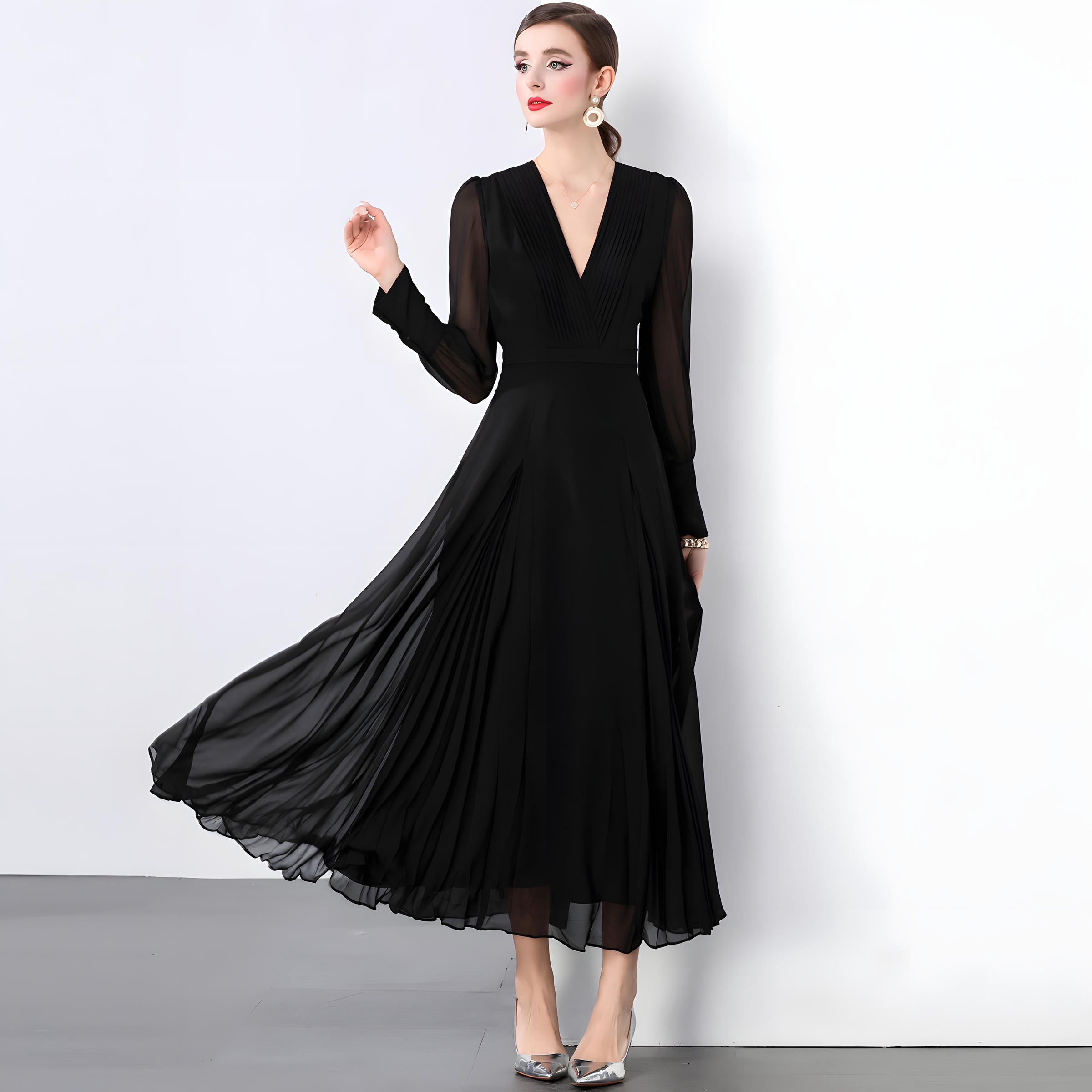 Lantern Sleeve Chiffon Dress with Pleated Bust and Box Pleat Skirt - 833900044434_BLA