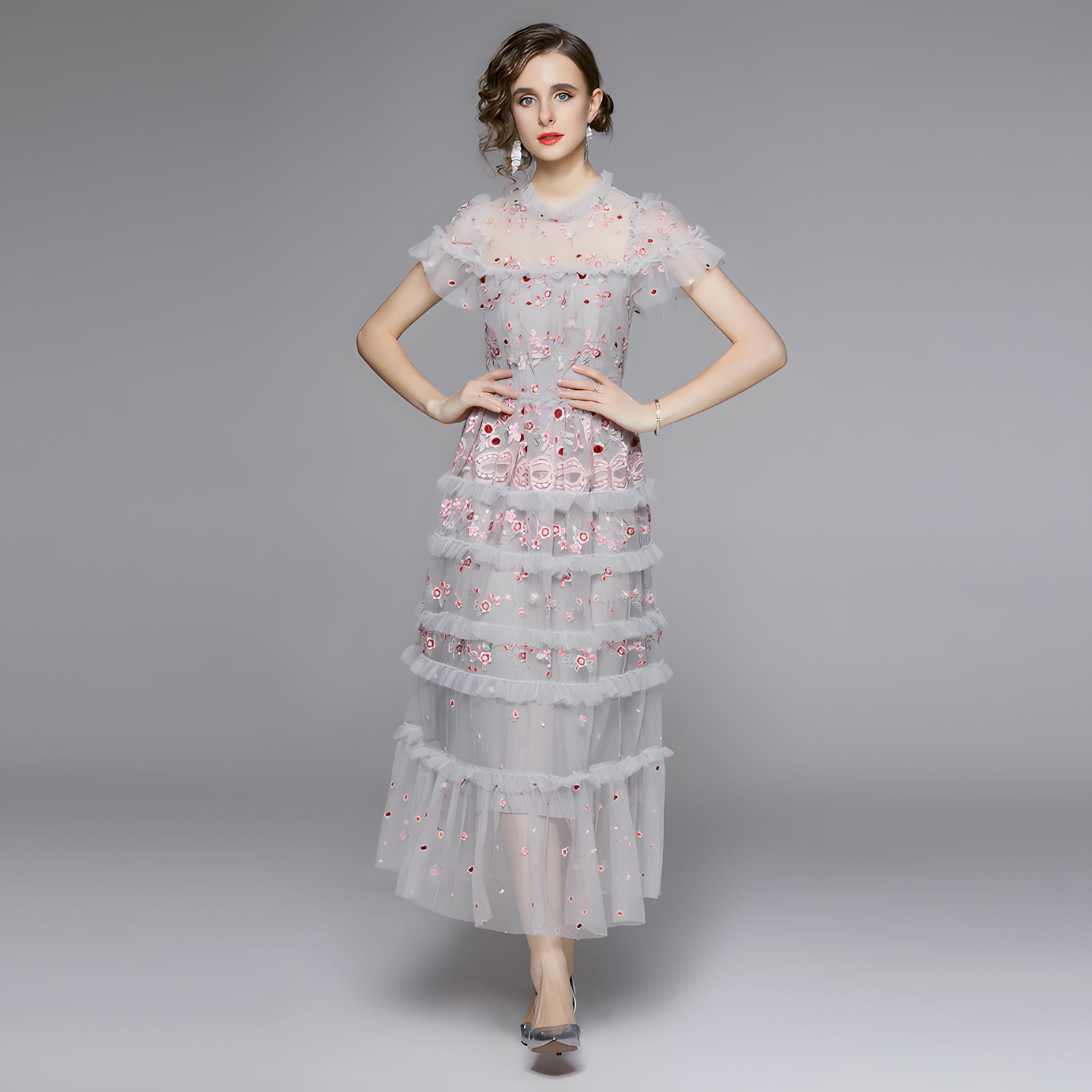 Embroidered Mesh Multitier Ruffled Skirt High Neck Long Grey Blue Dres - 700942841038_BAS