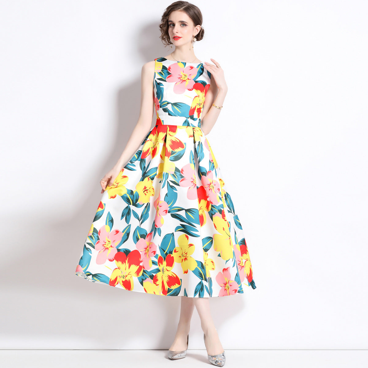 Sleeveless Boat Neck Fitted Vest Box Pleated Skirt Printed Satin Dress - 9069#701
