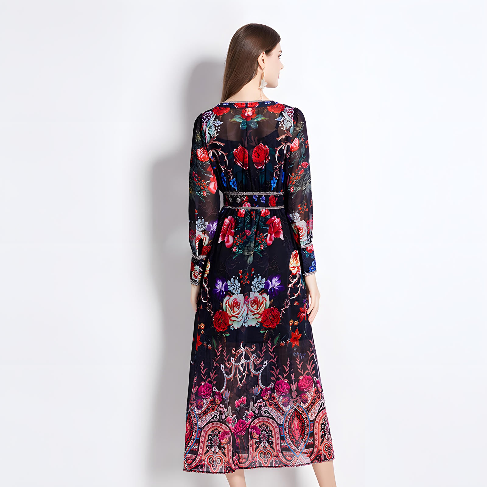 Printed Chiffon Plunging V - Neckline Elasticated Waist Front Split Long Dress - NRJ-720#2497 (EOSS)
