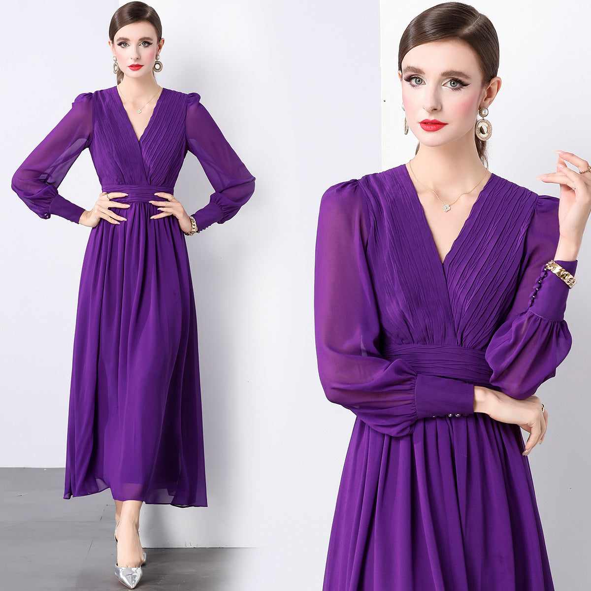 Lantern Sleeve Heat Set Pleated Bust Detailing V-Neck Chiffon Dress - 833281815952_PUR