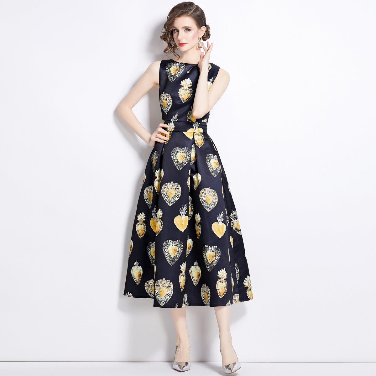 Sleeveless Boat Neck Fitted Vest Box Pleated Skirt Printed Satin Dress - NRJ -701-B#6650
