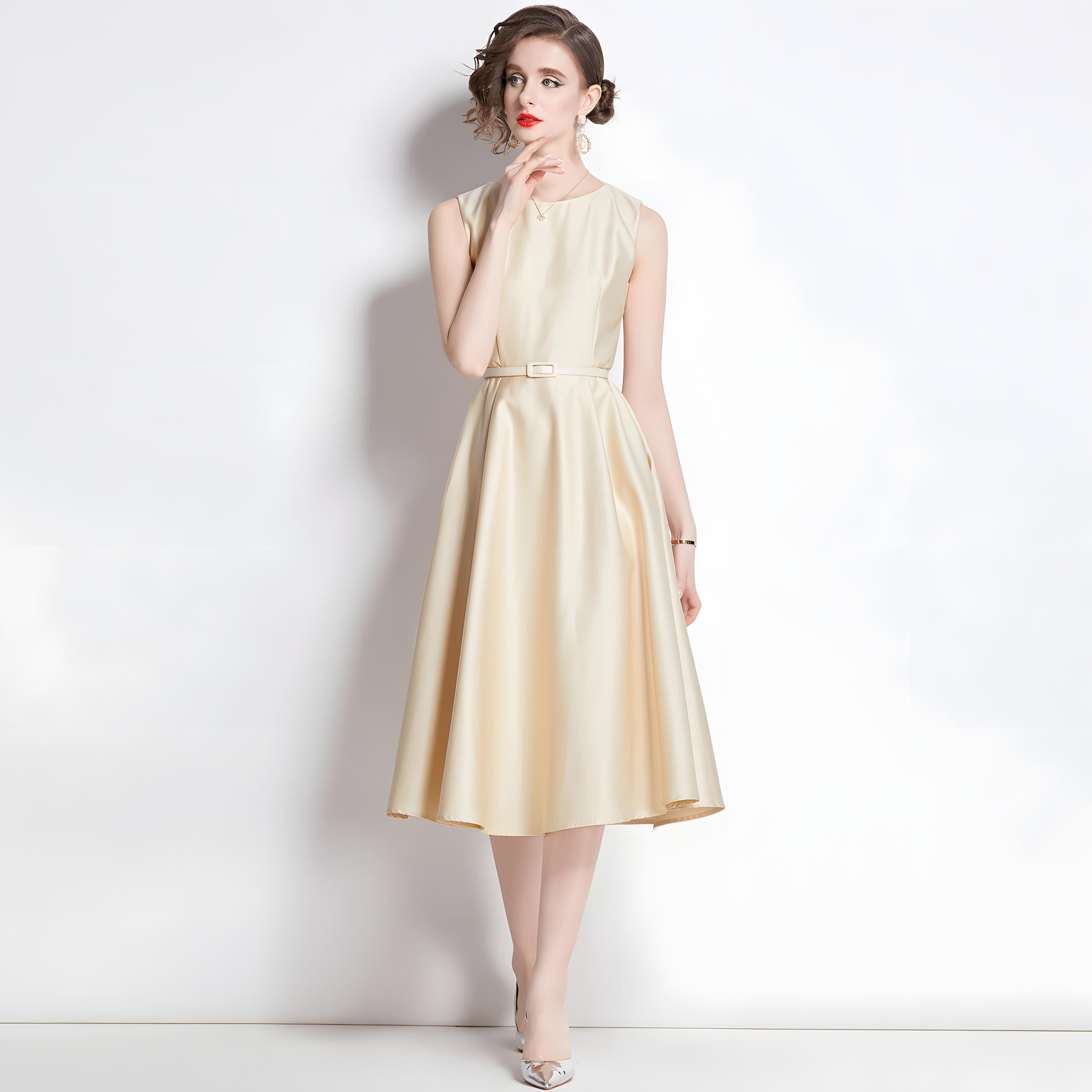 Princess Line Fitted Vest Apricot Sleeveless Satin Dress - 764153345733_BAS