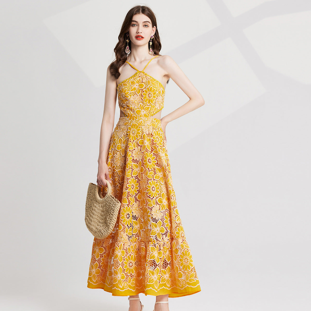 Luxury French Lace Halter Neck Holiday Breeze Black Dress - 829851111269_YEL