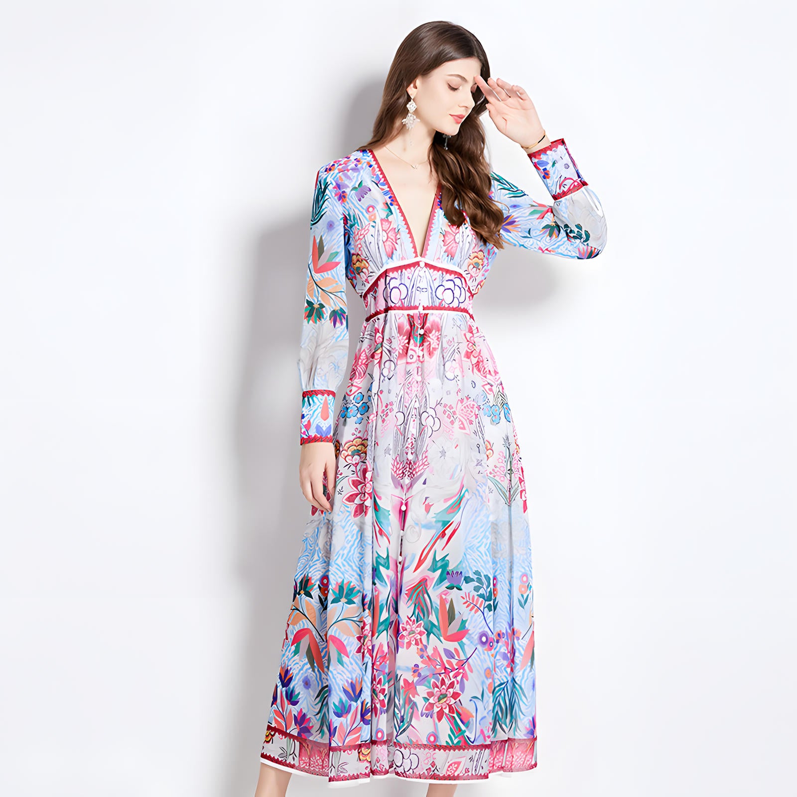 Printed Chiffon Plunging V - Neckline Elasticated Waist Front Split Long Dress - NRJ-720#2494