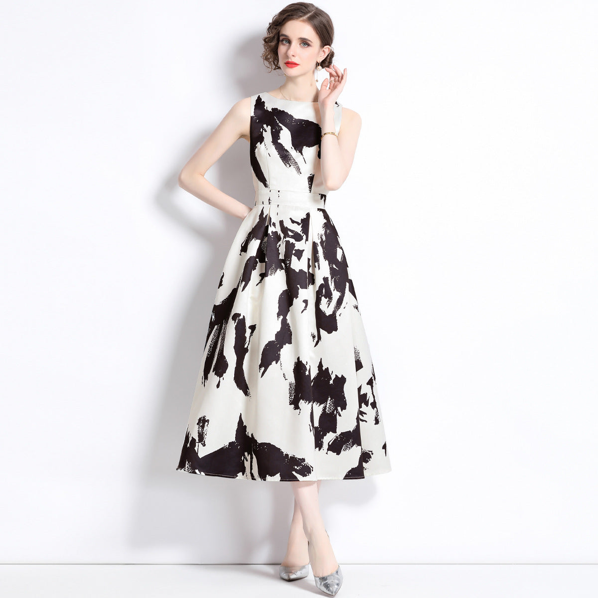 Sleeveless Boat Neck Fitted Vest Box Pleated Skirt Printed Satin Dress - 9068#701