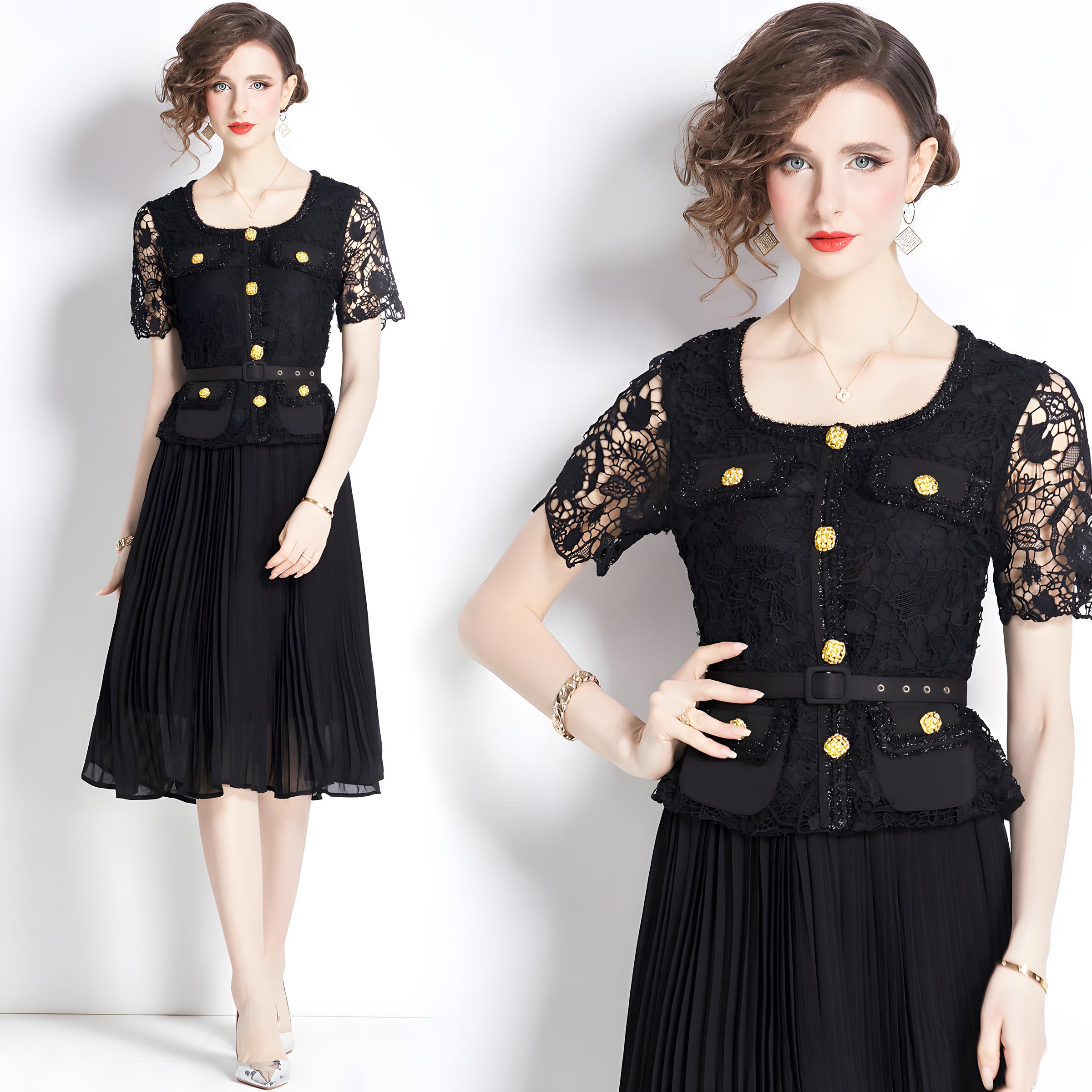 French Lace Jacket Top Pleated Skirt Black Dress With Belt - 781984834483_BAS