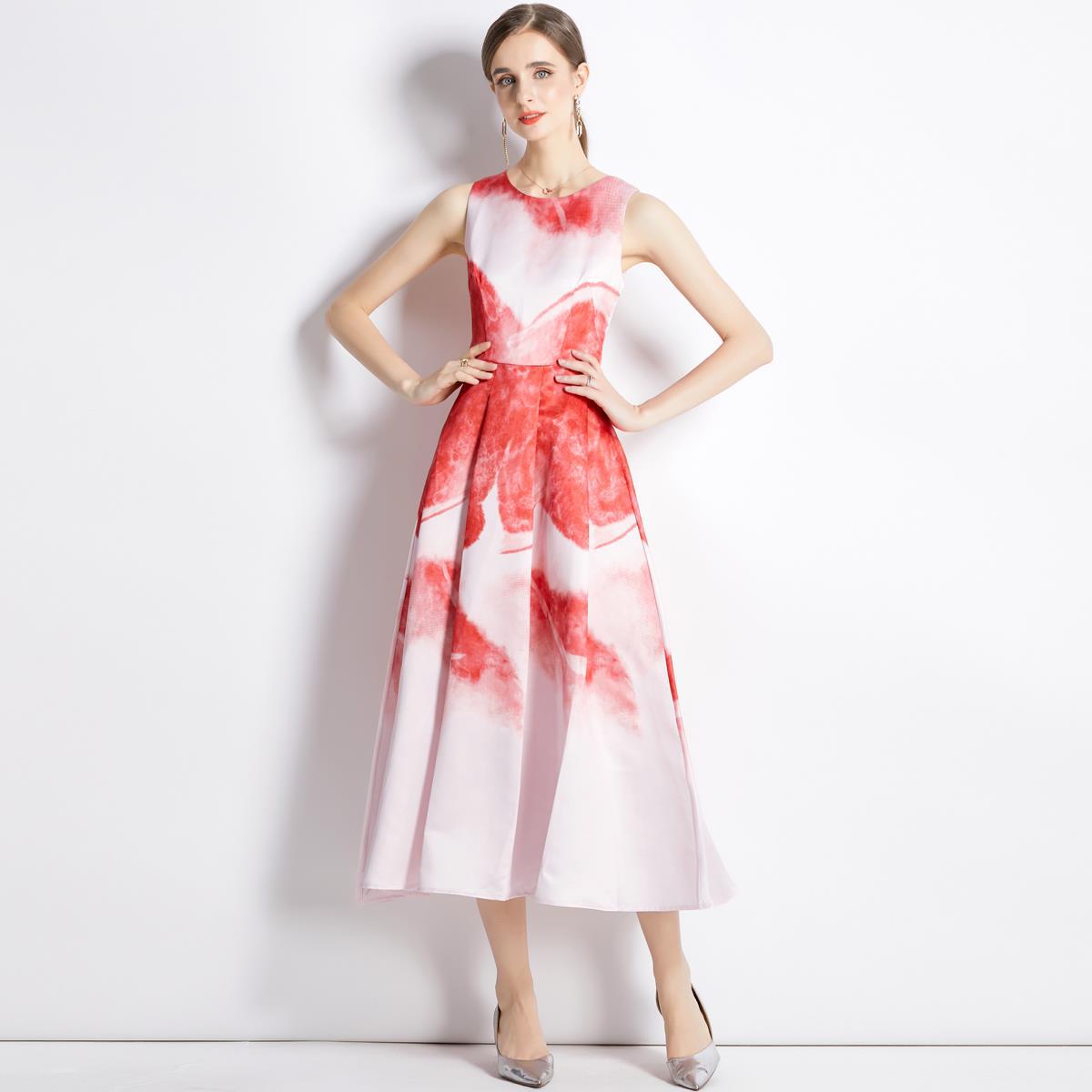 Sleeveless Boat Neck Fitted Vest Box Pleated Skirt Printed Satin Dress - 6182701