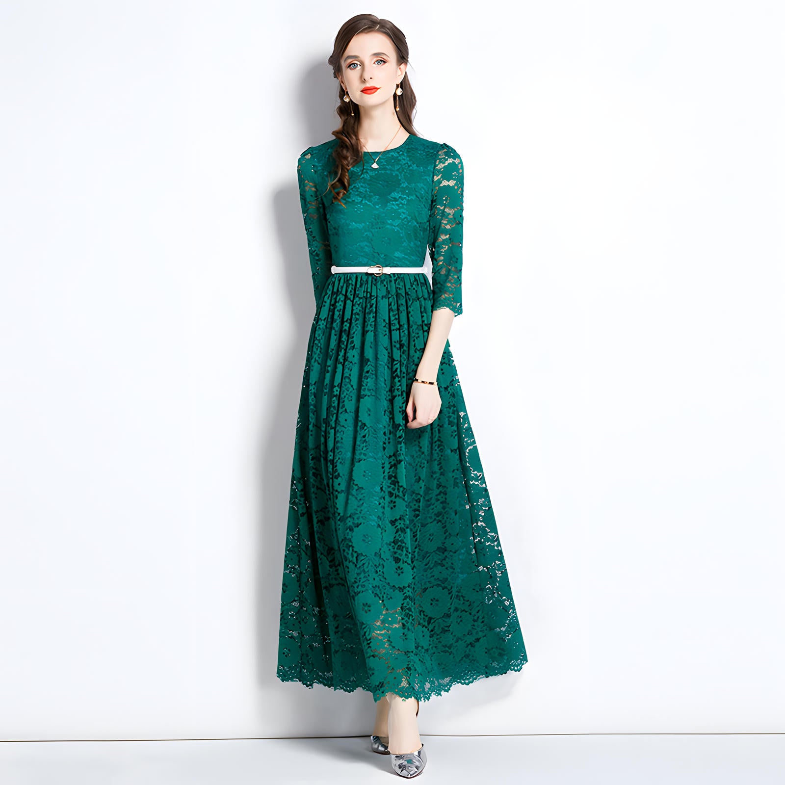 French Lace Long Sleeve Round Neck Long Dress With Belt - 745640185677