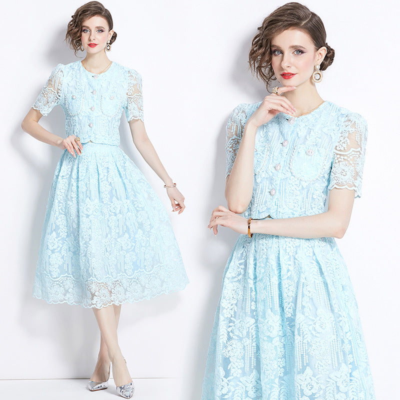 Embroidered French Lace Single Breasted Blouse and Skirt Two Piece Sky Blue Set - 791563752383_BAS