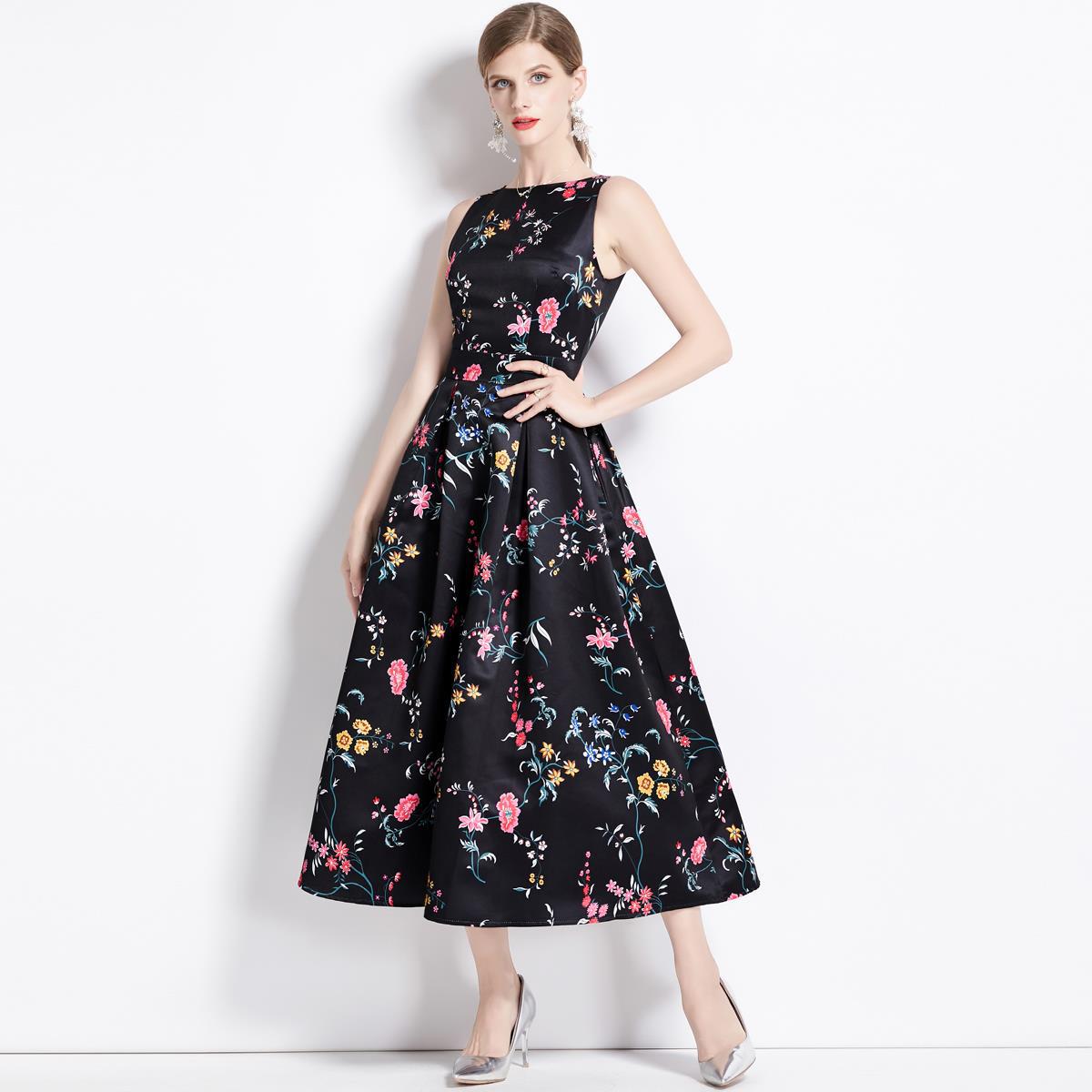 Sleeveless Boat Neck Fitted Vest Box Pleated Skirt Printed Satin Dress - 9088#701