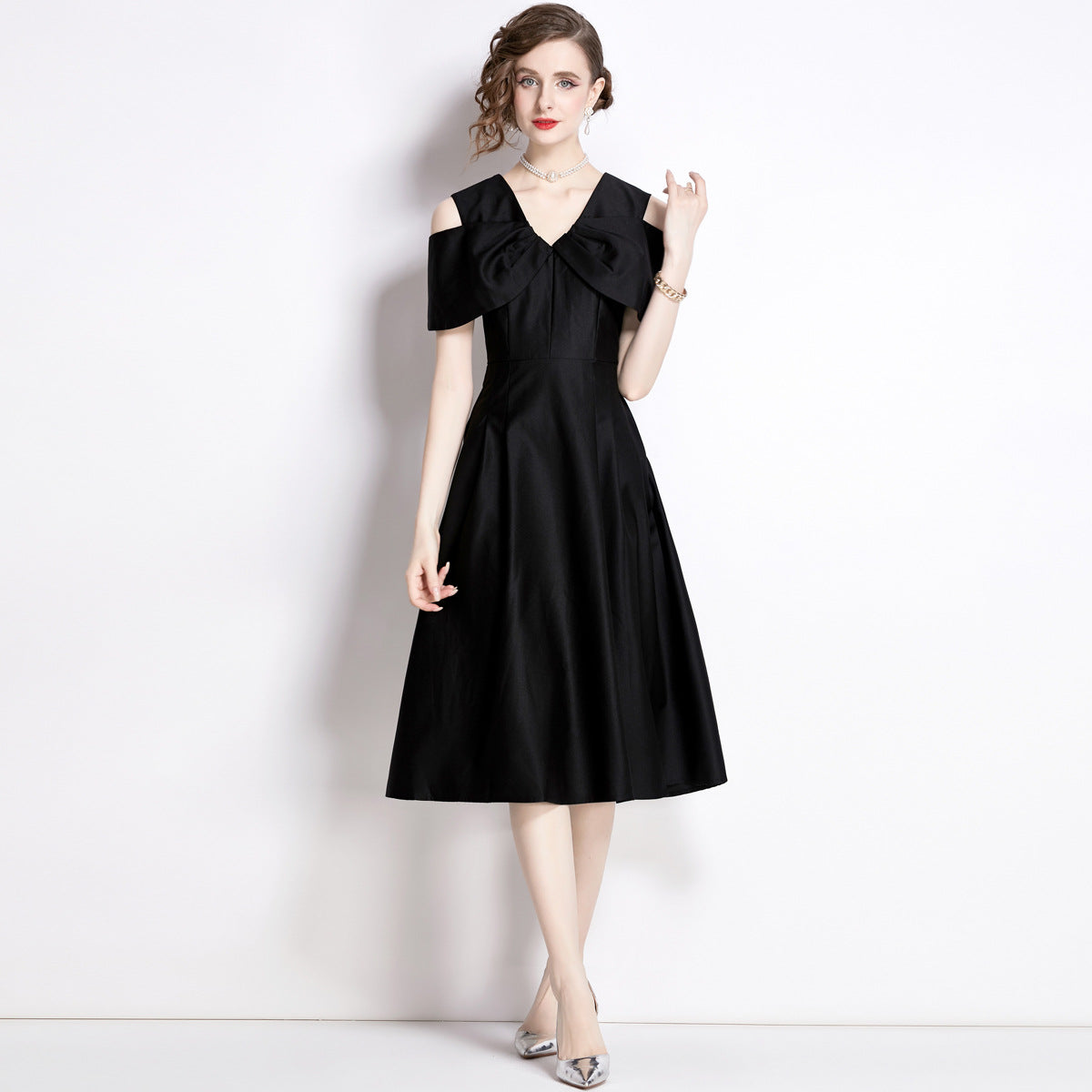 Off Shoulder V - Neck Fitted Vest Tucked Pleats Skirt Black Solid Satin Dress - NRJ-701A#1645_BLA