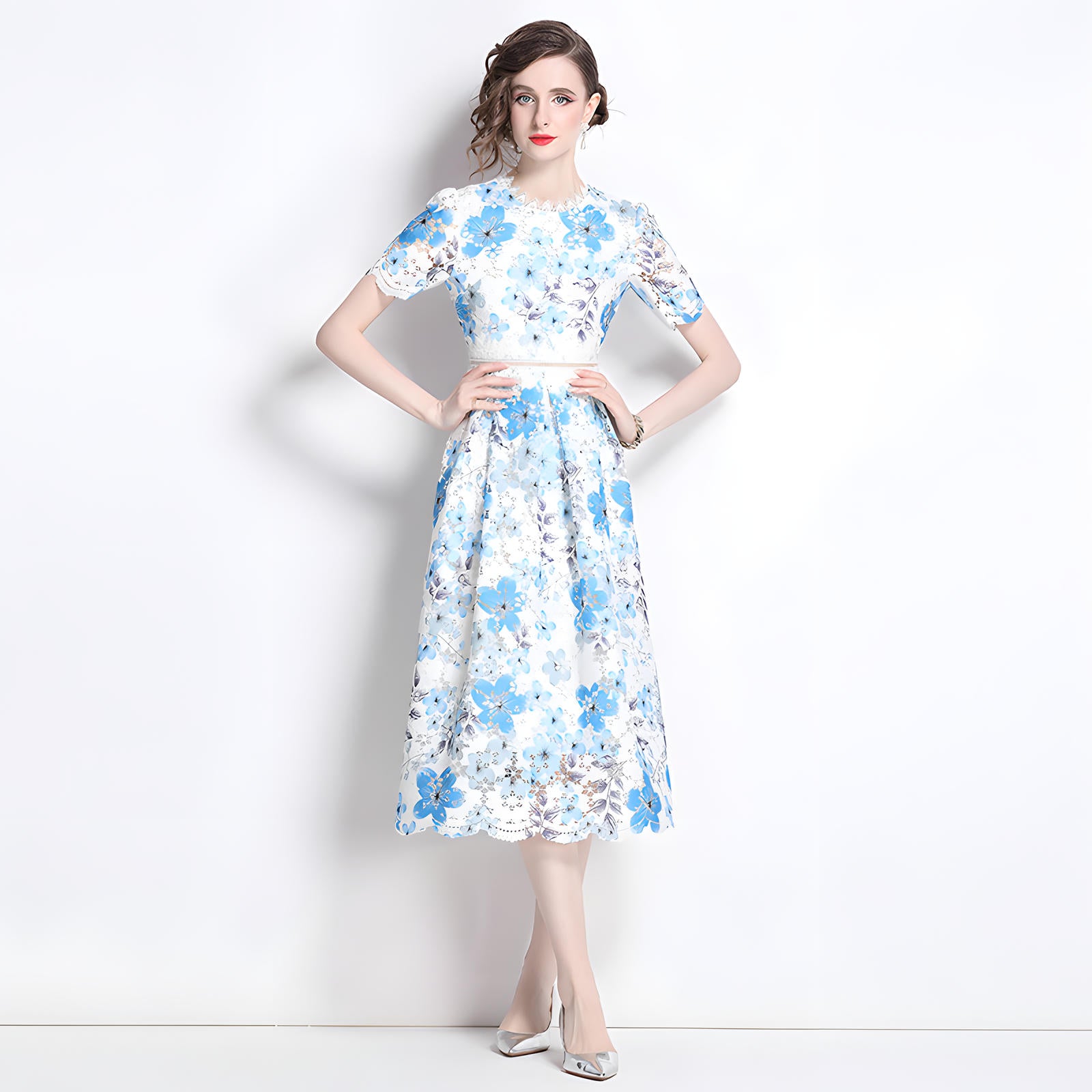 French Printed Flower Lace Jewel Neckline Retro Dress - 795245132736_BAS