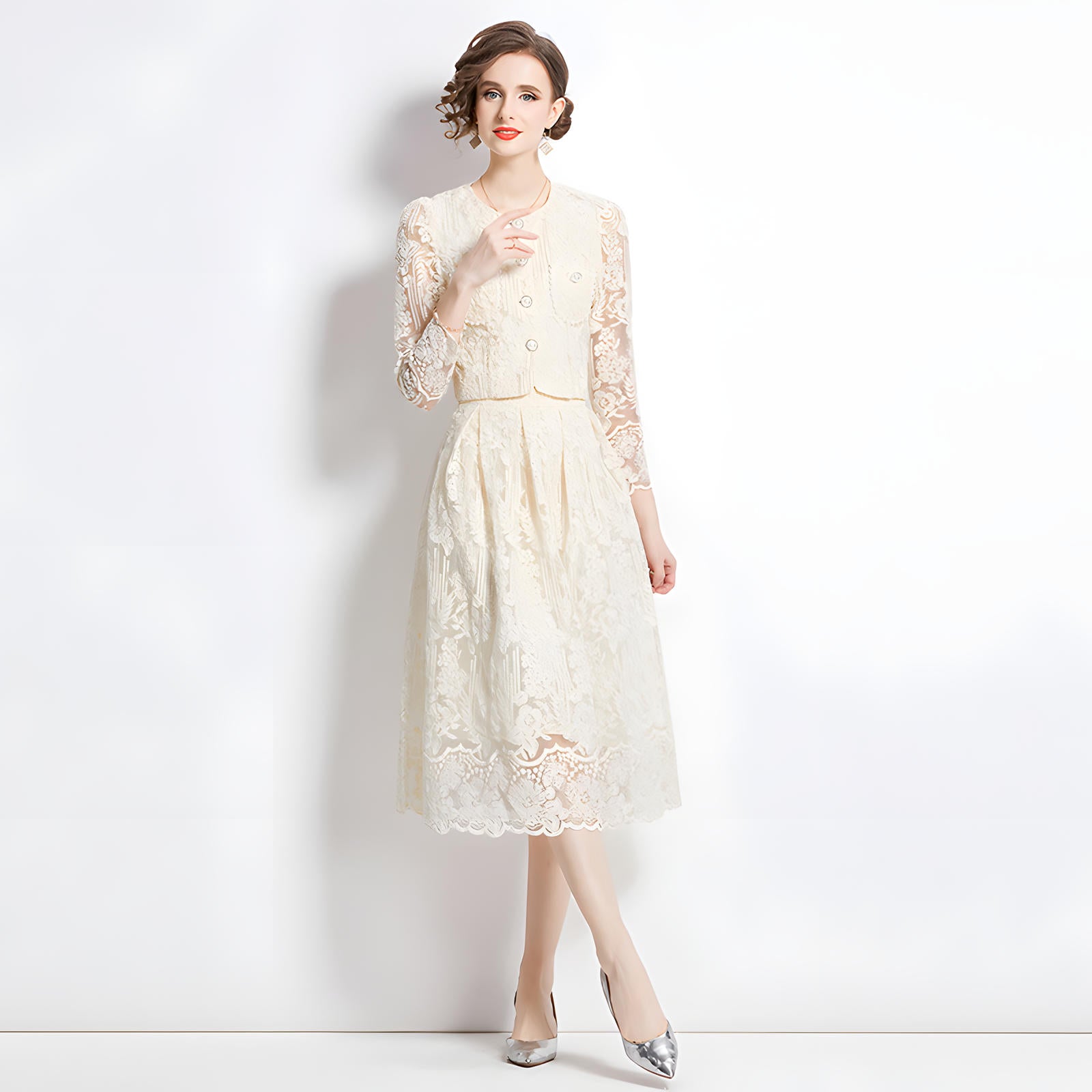 Embroidered French Lace Single Breasted Full Sleeve Blouse and Skirt Two Piece Set - 8566 #607_WHITE