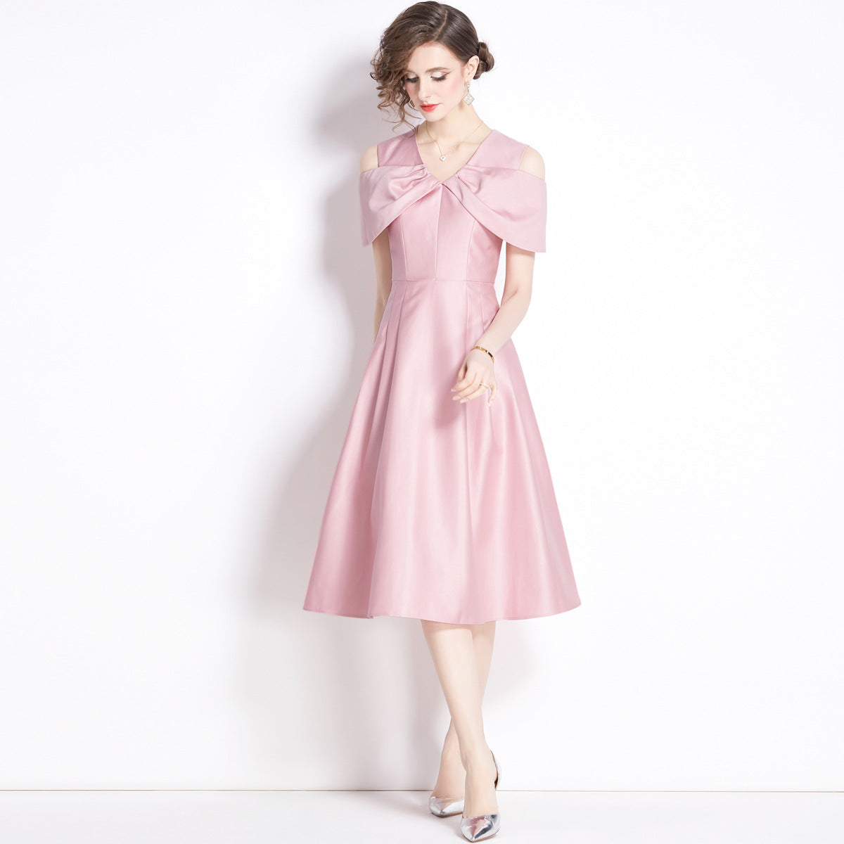 Off Shoulder V - Neck Fitted Vest Tucked Pleats Skirt Pink Solid Satin Dress - NRJ-701A#1645_3