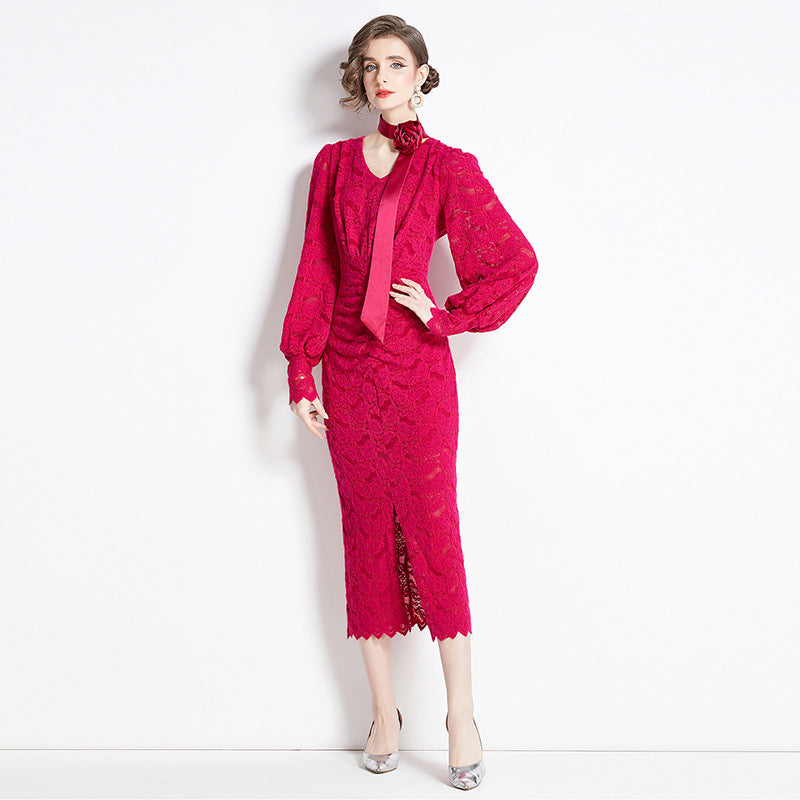 French Lace Long Sleeve V Neck Front Slit Body-fit Dress With Rose Belt - 750531237798_ROS