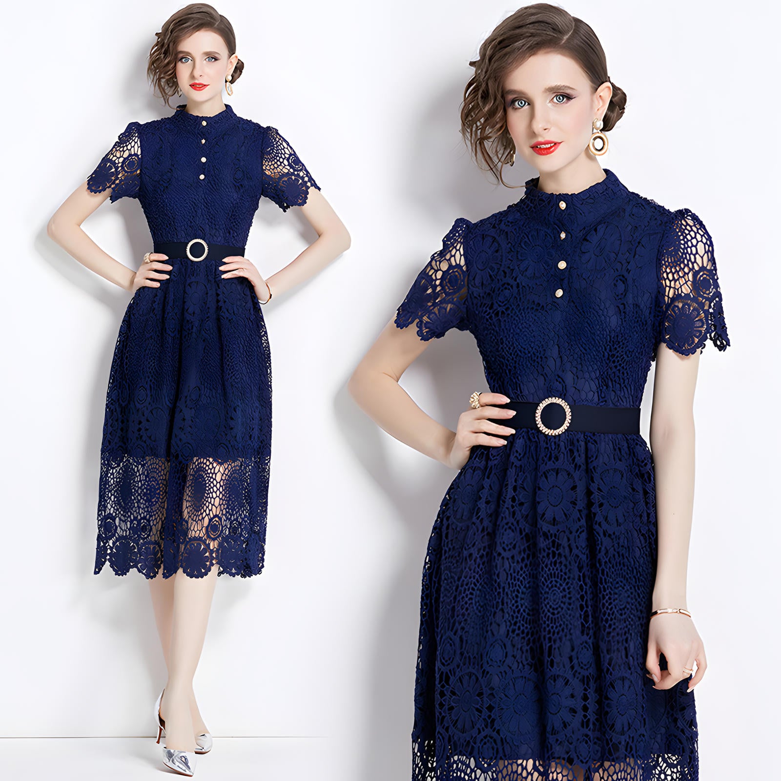 Luxury French Lace High Neck Front Button Navy Dress With Belt - 500#609_NAV