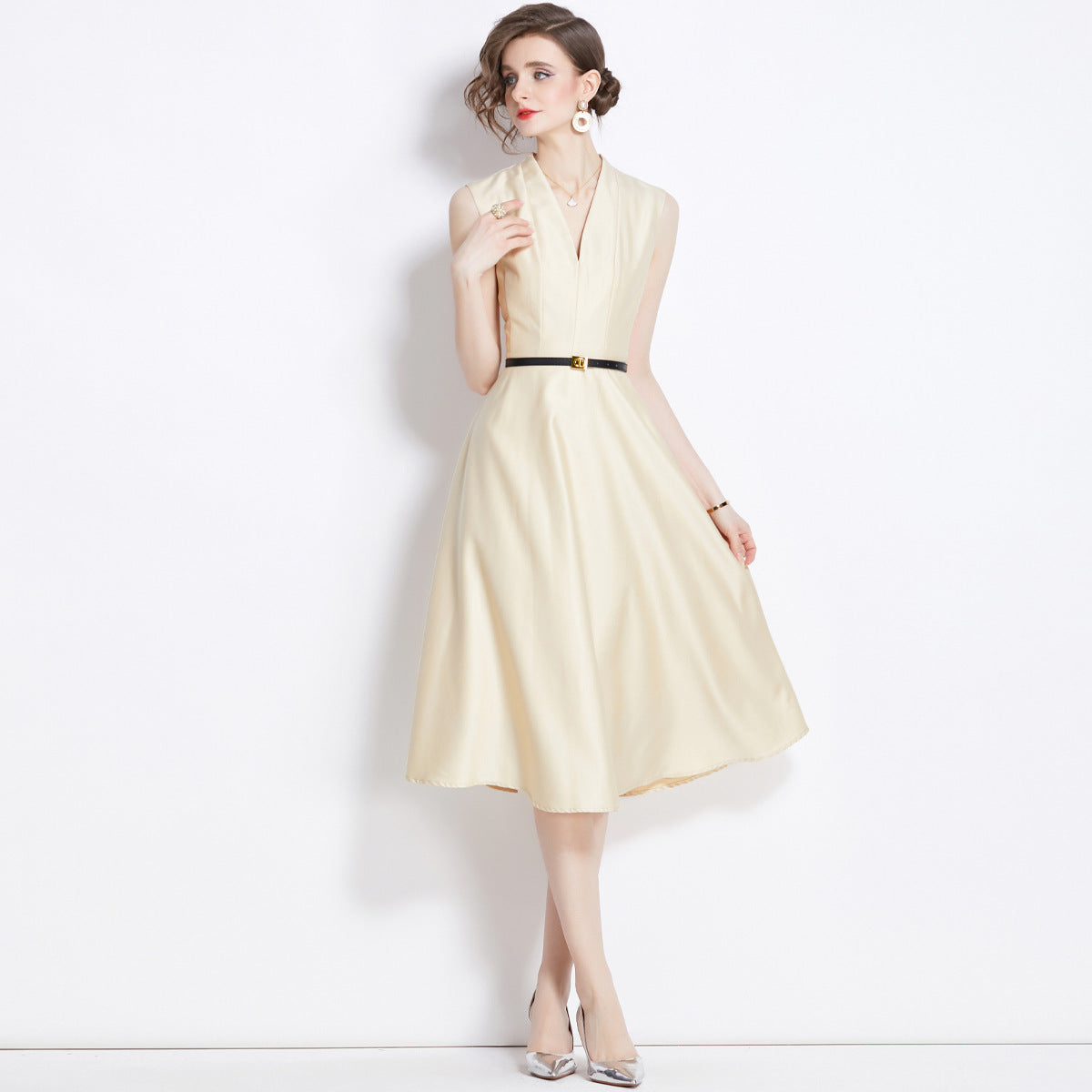 Sleeveless Halter Neck Fitted Vest Satin Solid Apricot Dress With Belt - 5801#701_APR