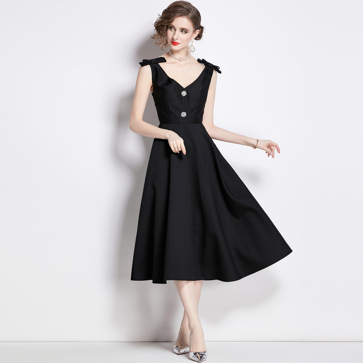 Hepburn Style Shoulder Bow V-Neck Solid Black Satin Dress - NRJ 7L 701-A#1634# (EOSS)