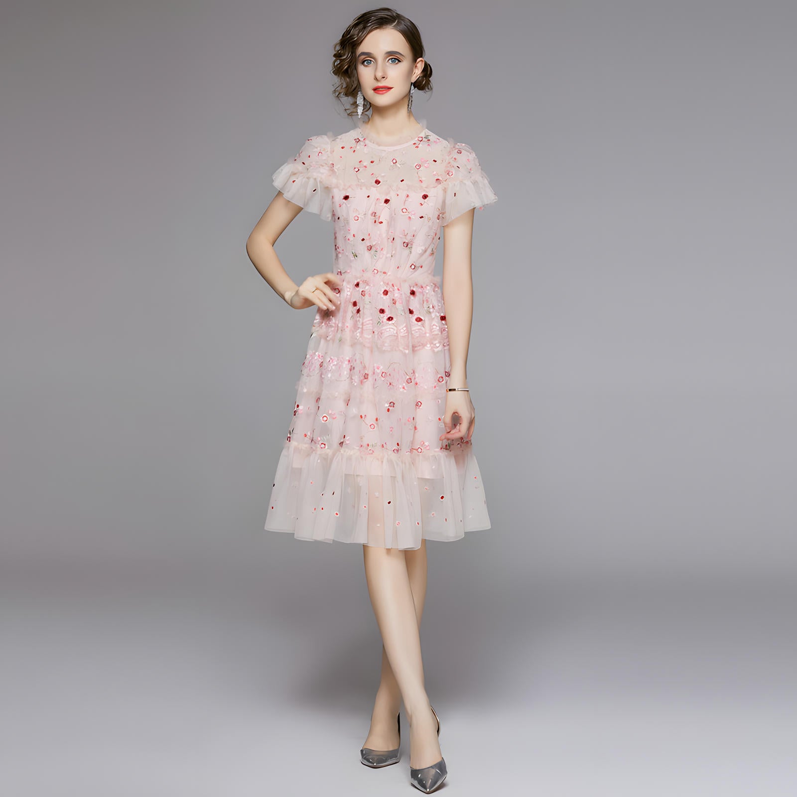 Embroidered Mesh Multitier Ruffled Skirt High Neck Pink Dress - 701166254679_BAS