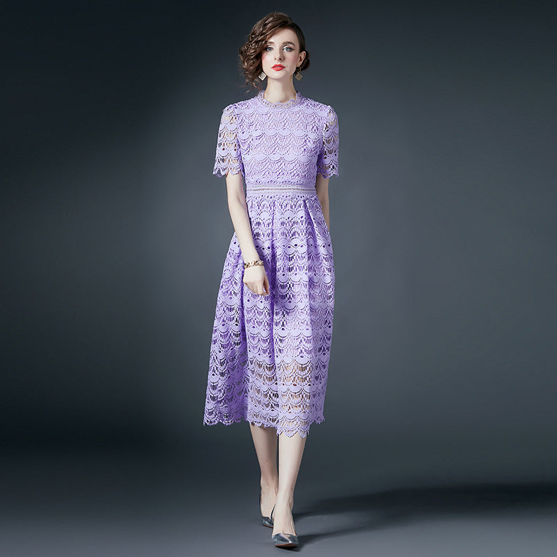 French Crocheted Lace Round Neck A - Line Lavender Dress - 780762721926