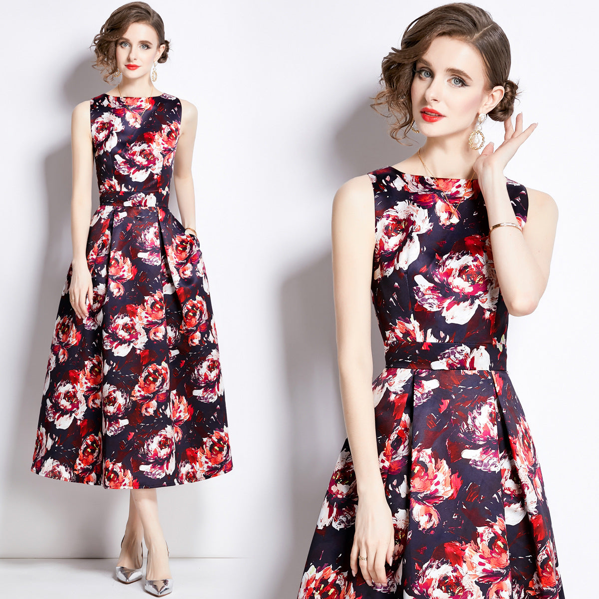 Sleeveless Boat Neck Fitted Vest Box Pleated Skirt Printed Satin Dress - 898#701