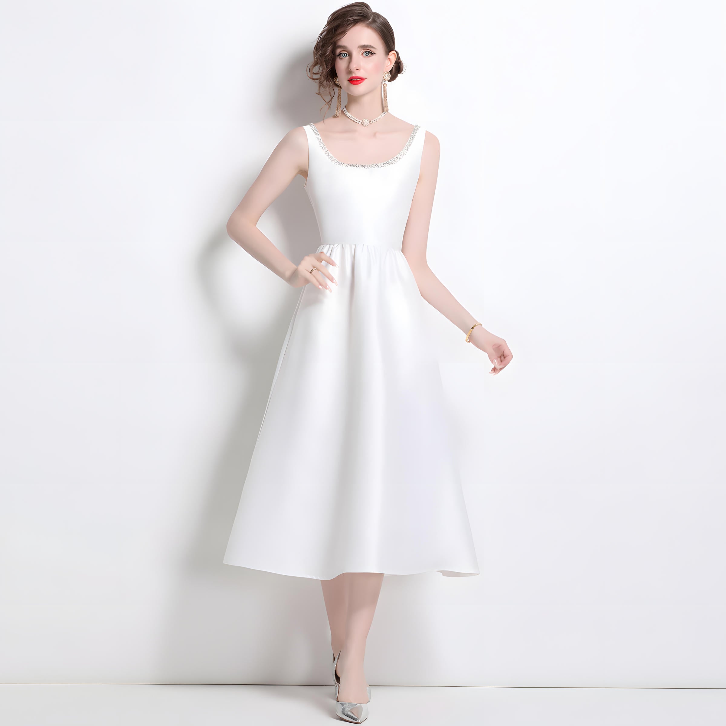 Fitted Vest Armhole Dart White Satin Dress With Jewel Embellished Neckline - 817042148843_BAS