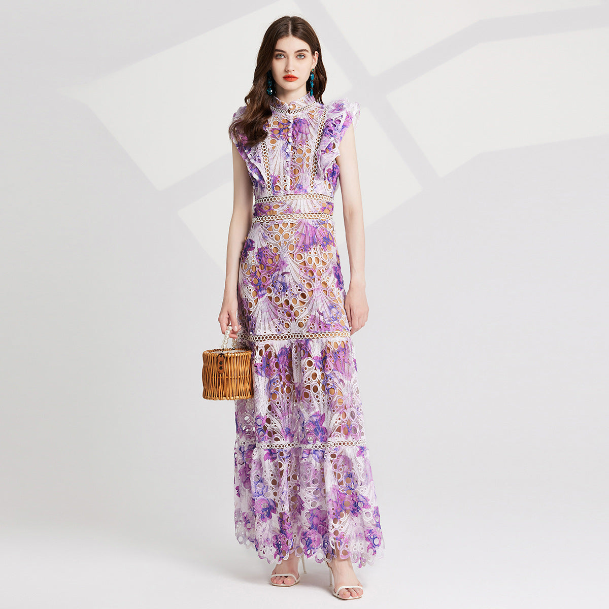 Luxury French Lace Purple Long Dress With Flutter Sleeve - 827491131616_PUR