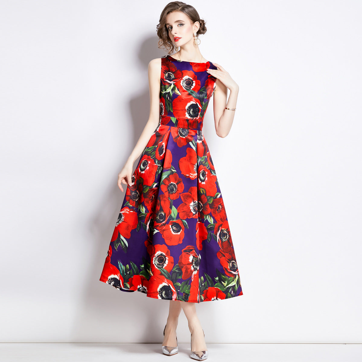 Sleeveless Boat Neck Fitted Vest Box Pleated Skirt Printed Satin Dress - 896#701