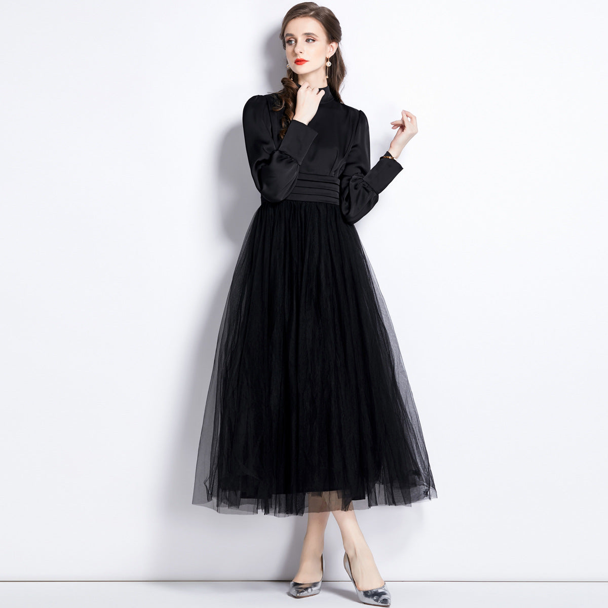 Stand Collar Pleated Vest Satin Blouse Mesh Skirt One Piece Black Dress - 741913477593_BAS