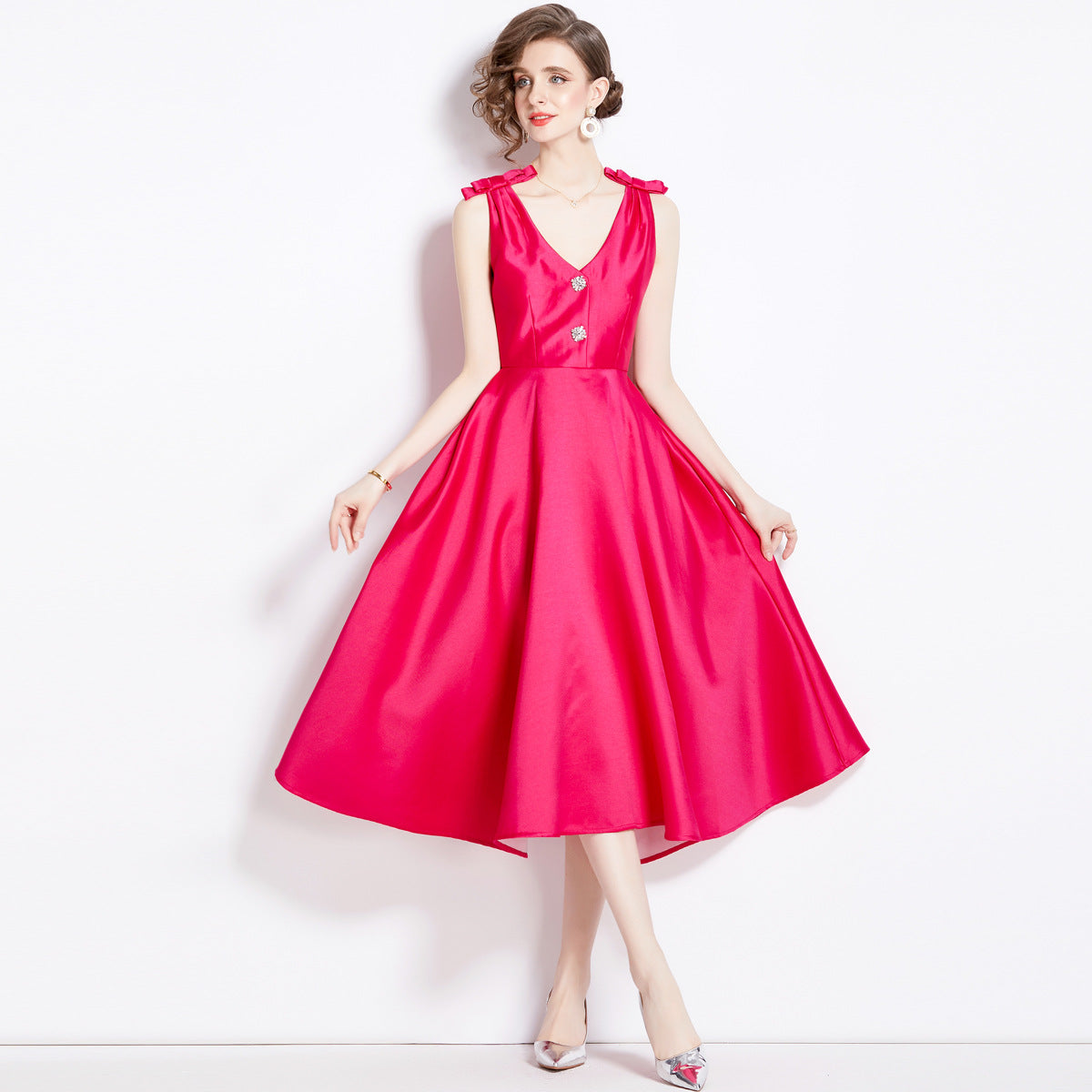 Hepburn Style Shoulder Bow V Neck Solid Hot Pink Satin Dress - 1630#701