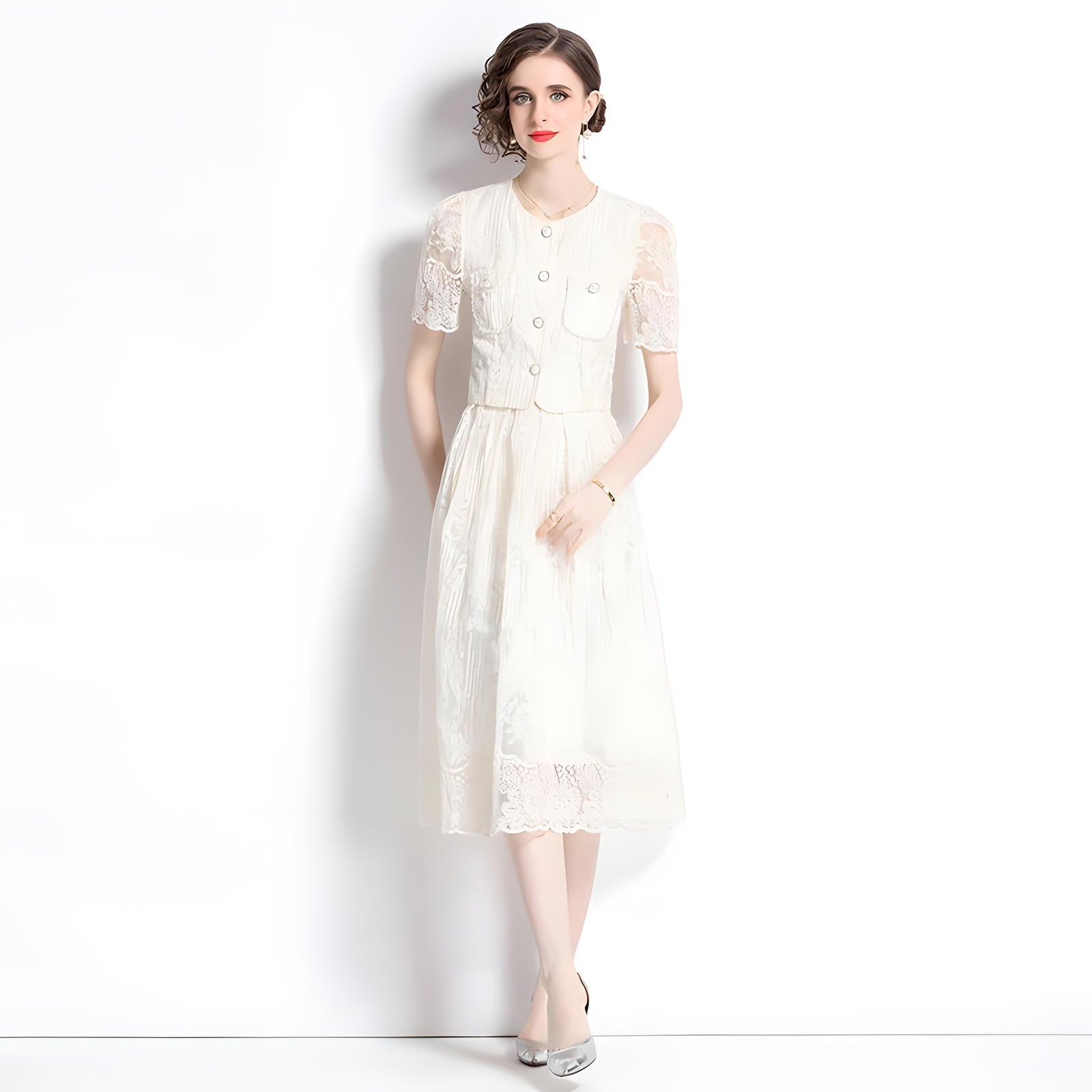 Embroidered French Lace Single Breasted Blouse and Skirt Two Piece Set - 8562#607_WHITE