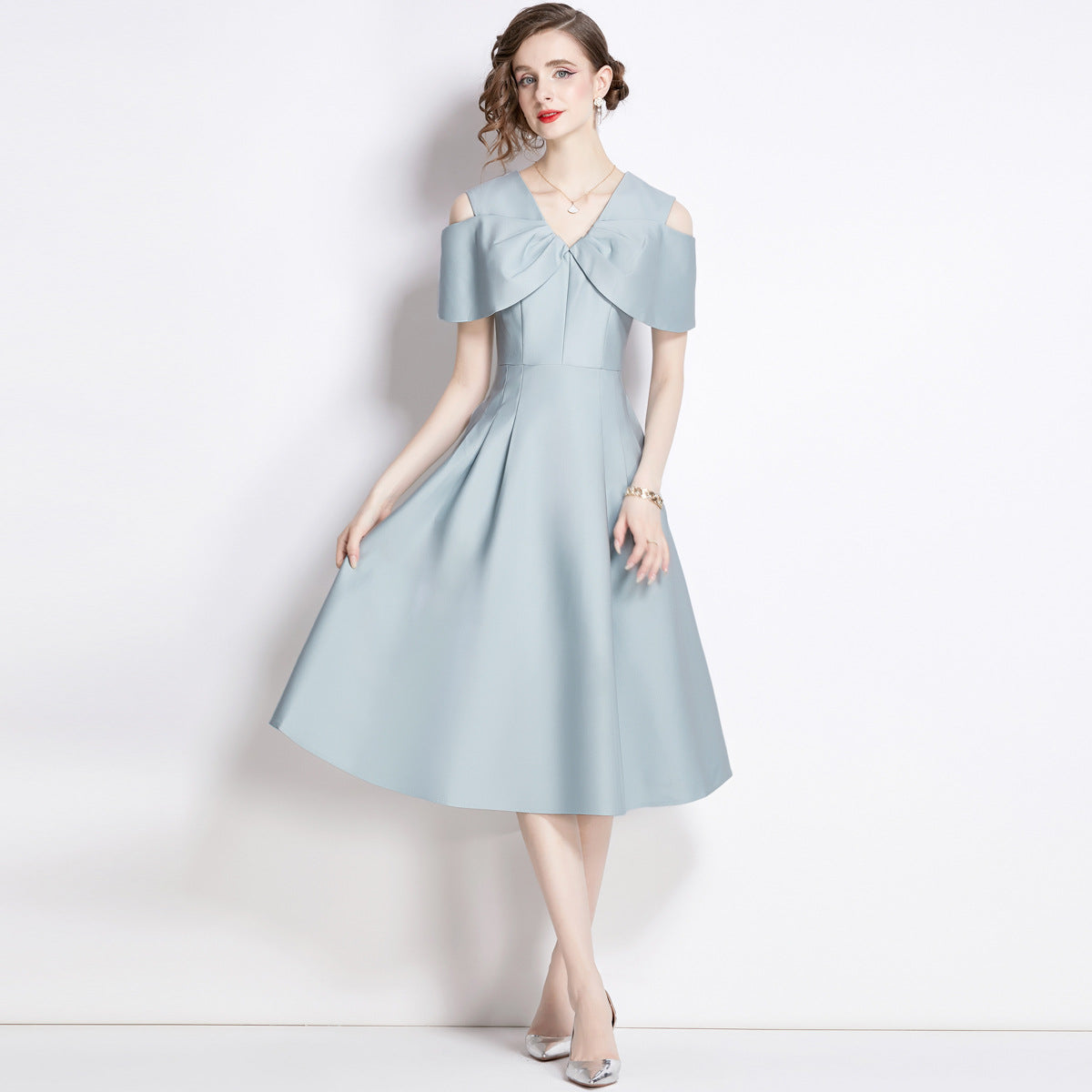 Off Shoulder V - Neck Fitted Vest Tucked Pleats Skirt Slate Blue Solid Satin Dress - NRJ-701A#1645_1