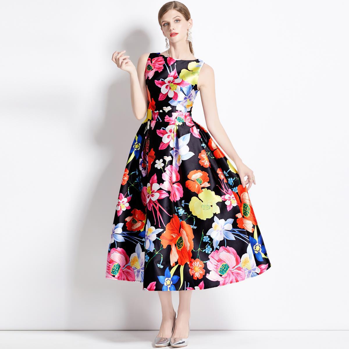 Sleeveless Boat Neck Fitted Vest Box Pleated Skirt Printed Satin Dress - 9084#701