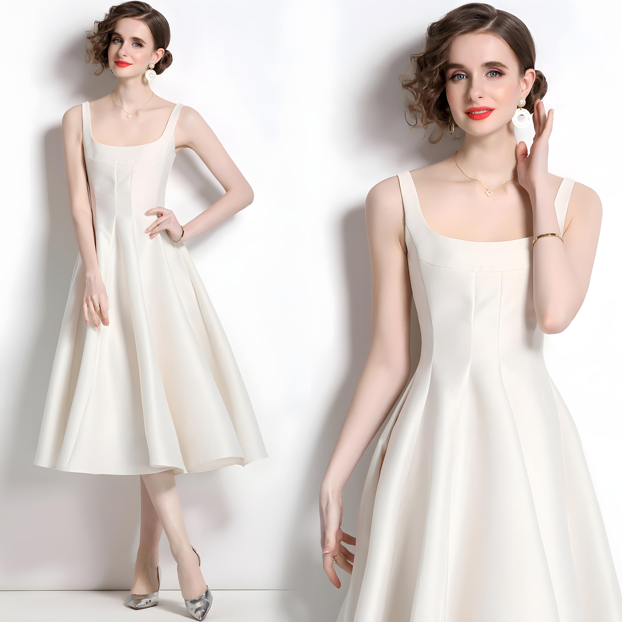Retro Style Hepburn Skirt Fitted Vest Suspender White Satin Dress - 709210134751_BAS