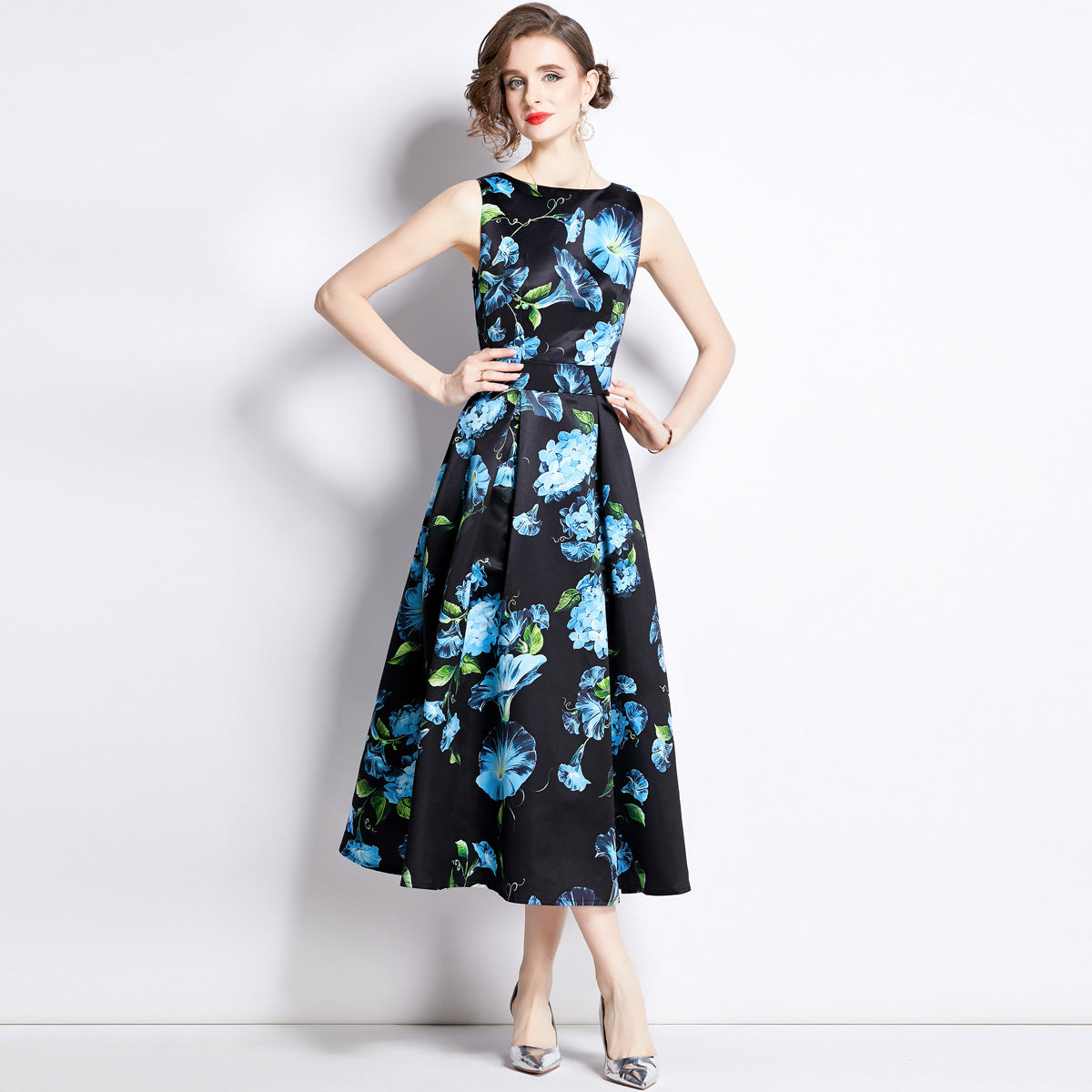 Sleeveless Boat Neck Fitted Vest Box Pleated Skirt Printed Satin Dress - 895#701