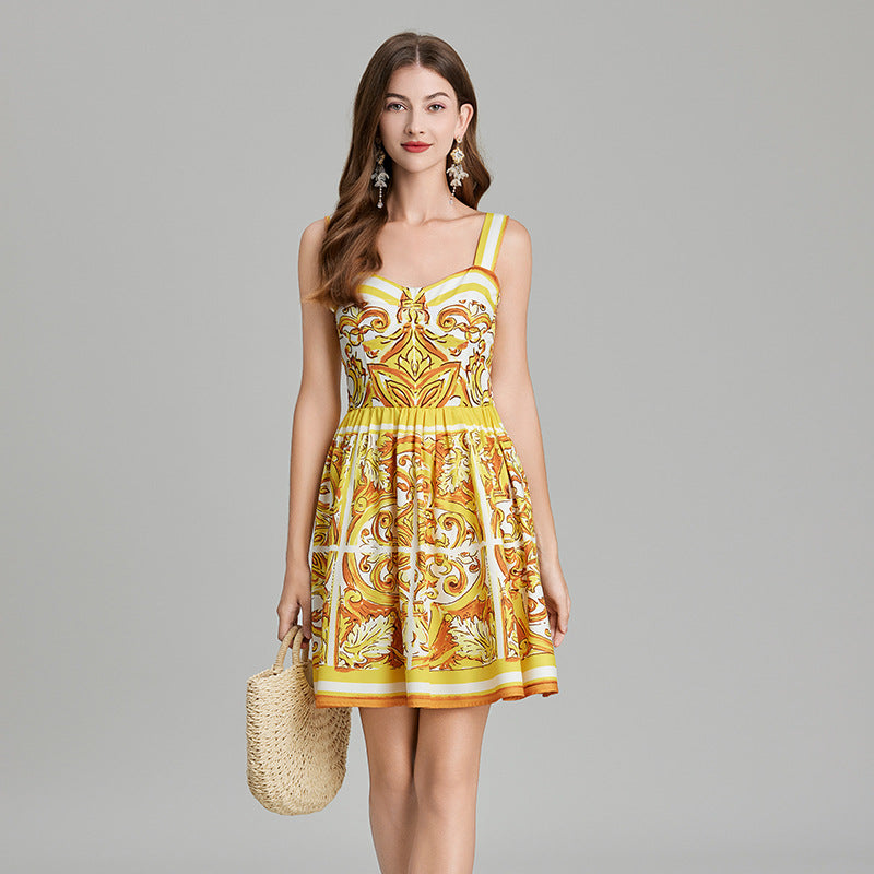 Baroque Pattern Printed Short Retro Satin Dress - 815978965367_BAS